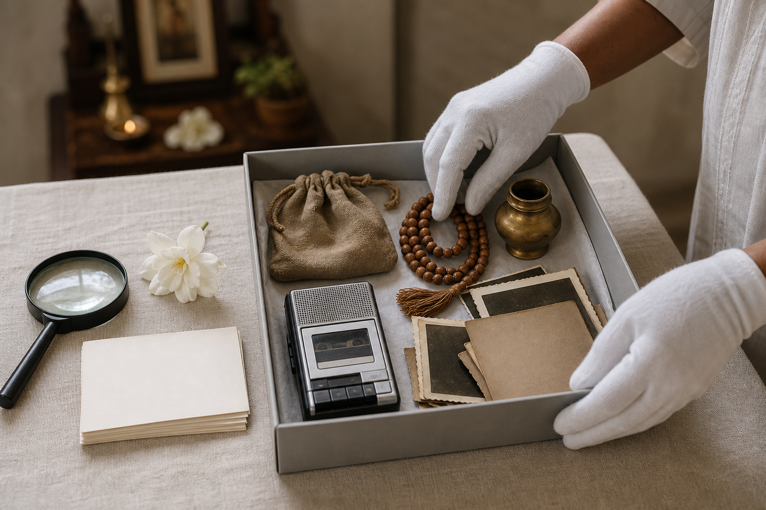 Gloved hands preserve prayer beads, a bead bag, a brass vessel, an audio recorder, and unlabeled photographs in an archival box.