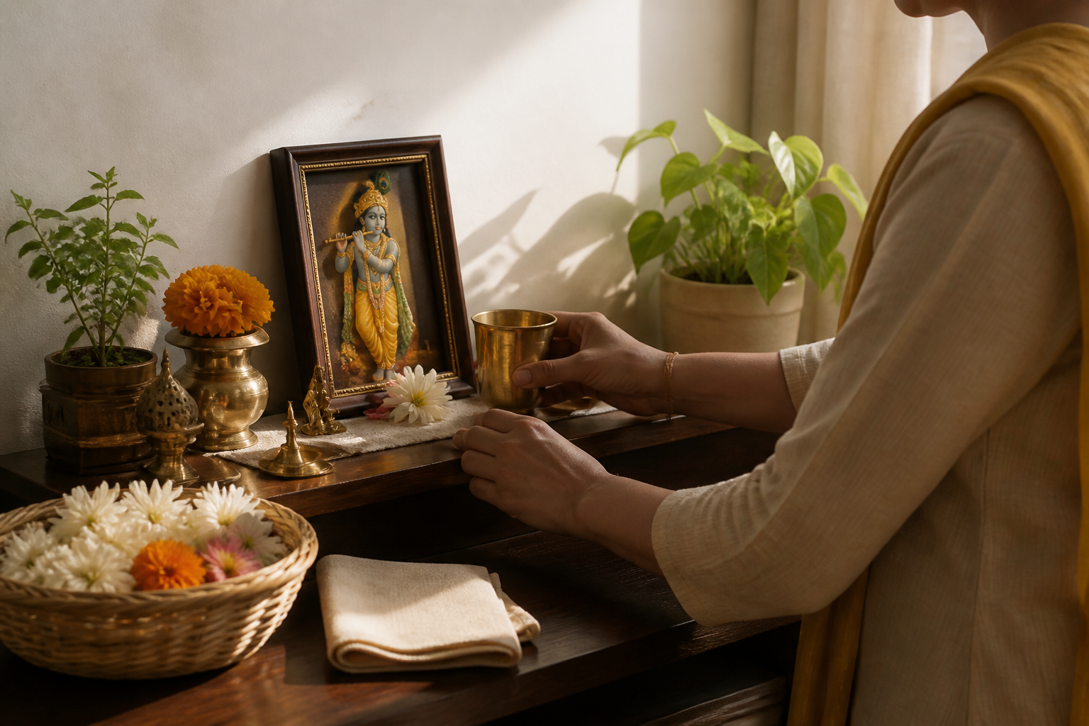 A devotee places fresh water and a single flower before a small Krishna altar in a quiet home at sunrise.