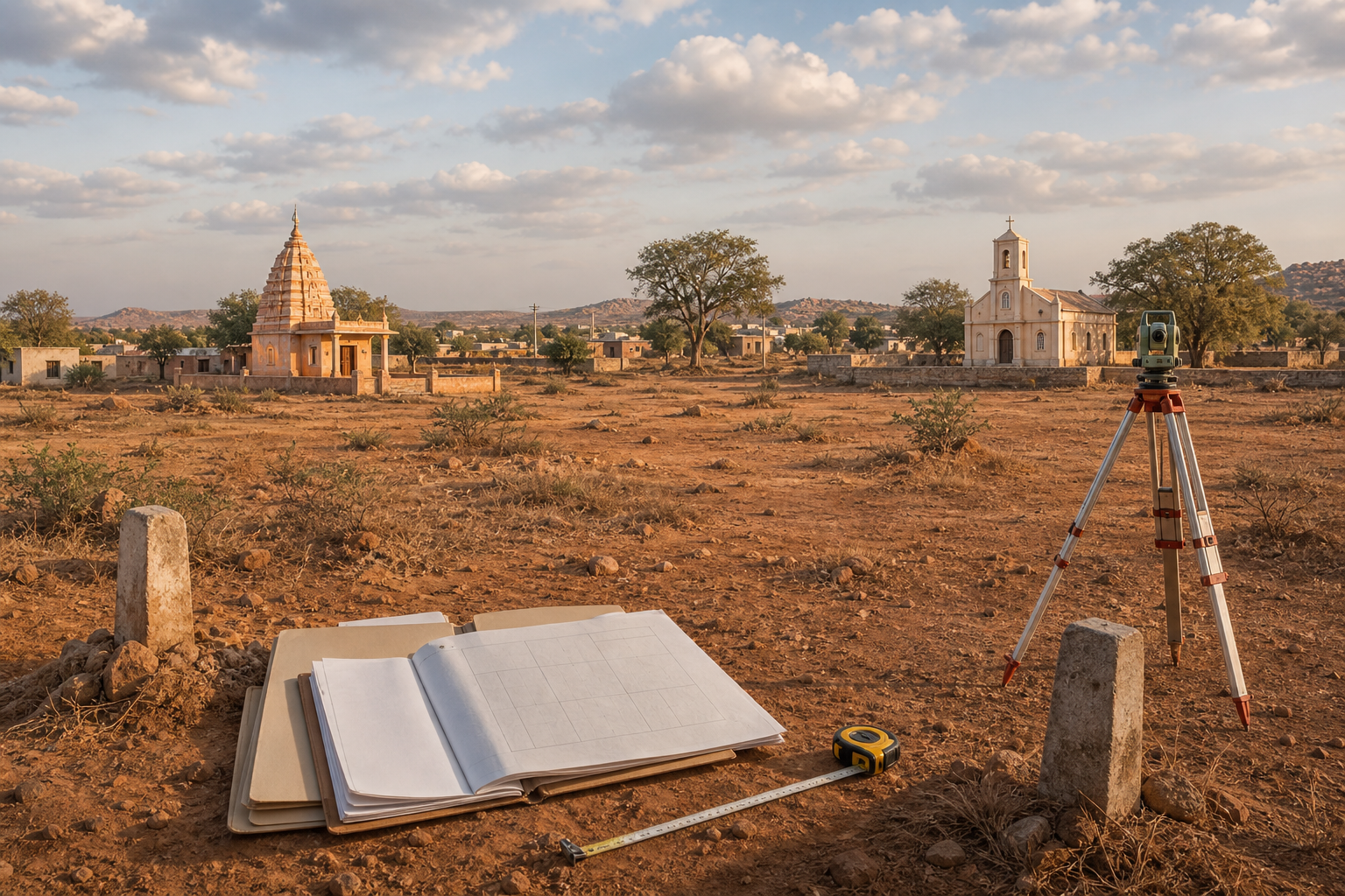 Editorial illustration of a temple and a church in a Raichur landscape with survey equipment, boundary stones and public land records in the foreground.