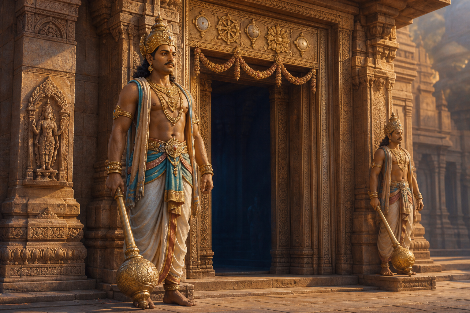 A golden-toned crowned guardian holding a lowered mace stands beside a carved Vishnu temple doorway decorated with conch, discus, lotus, and garland motifs.