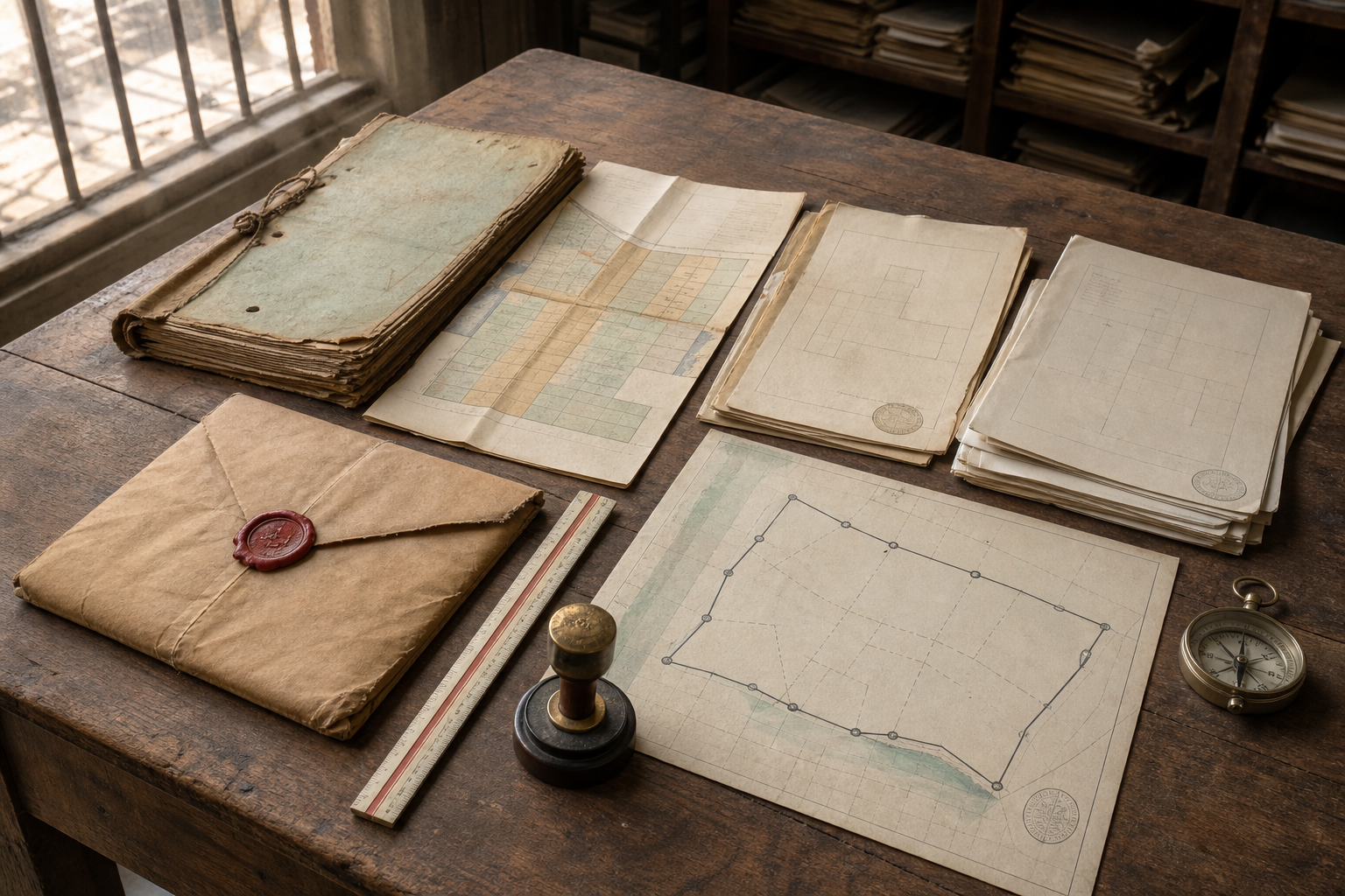 Old allotment papers, an unlabelled rehabilitation layout, administrative files and surveying tools arranged on a records-room table.