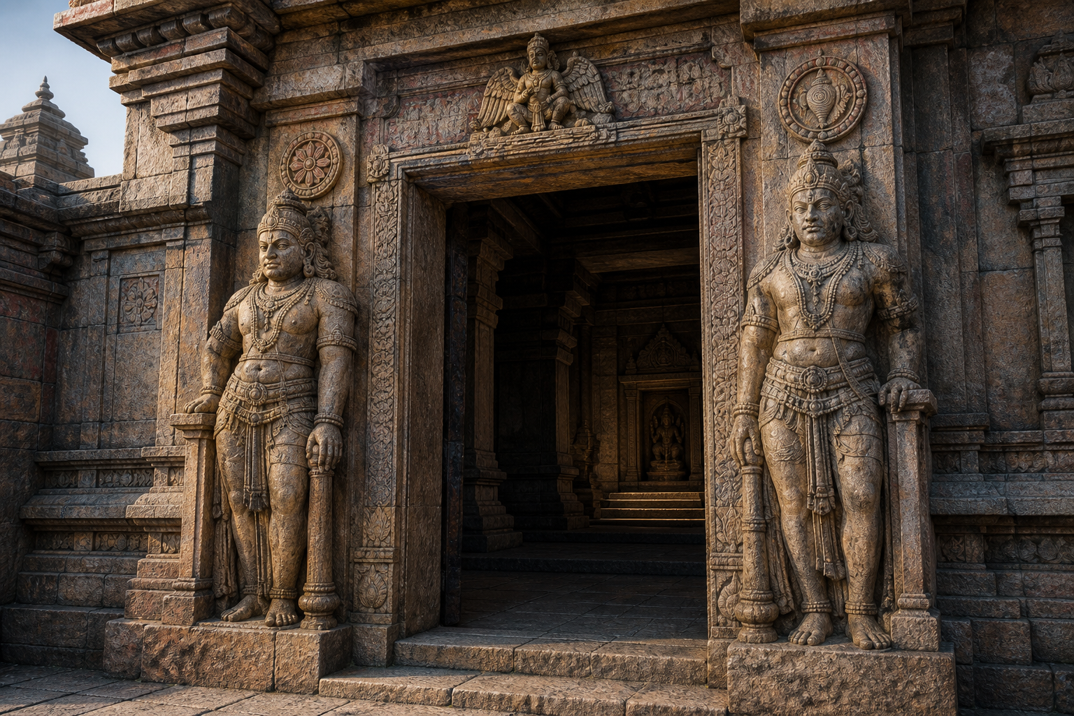 Two carved guardians flank the entrance to a Vishnu sanctuary, with conch, discus, lotus, garland, and Garuda motifs incorporated into the doorway.