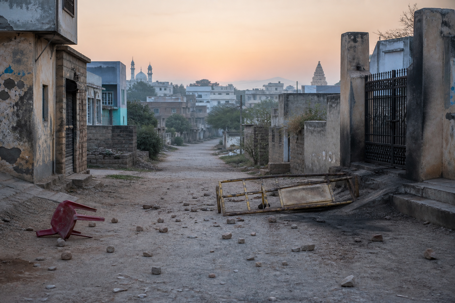 An empty settlement lane at dawn with scattered debris and a toppled barricade after a disturbance, with buildings distant in the background.