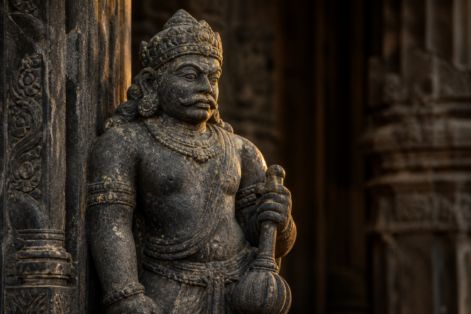 Warm sunlight outlines a weathered grey-brown stone guardian with a crown, jewelry, draped clothing, and a lowered mace beside a temple jamb.