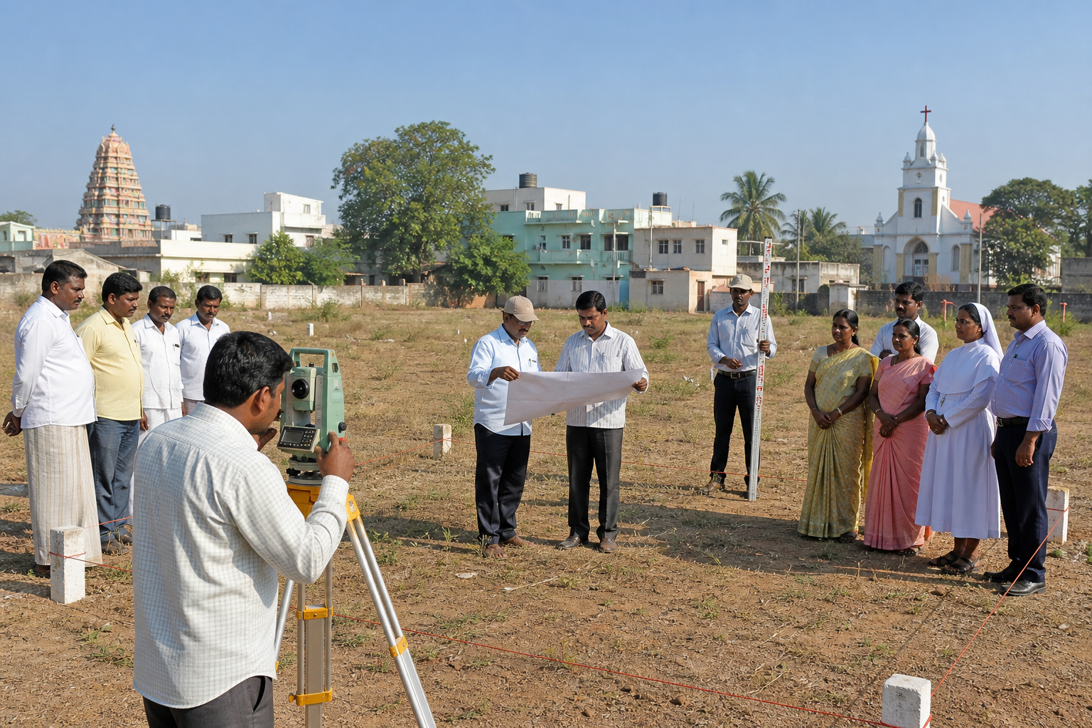Surveyors measure a land parcel with a total station while civil officials and community representatives observe beside boundary stones.