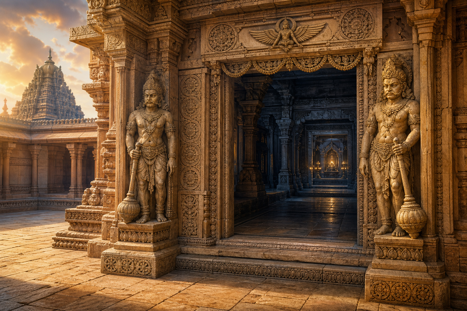 A temple threshold viewed at an angle shows paired guardians beside the outer jambs and a passage leading from the bright courtyard toward a dim Vishnu sanctuary.