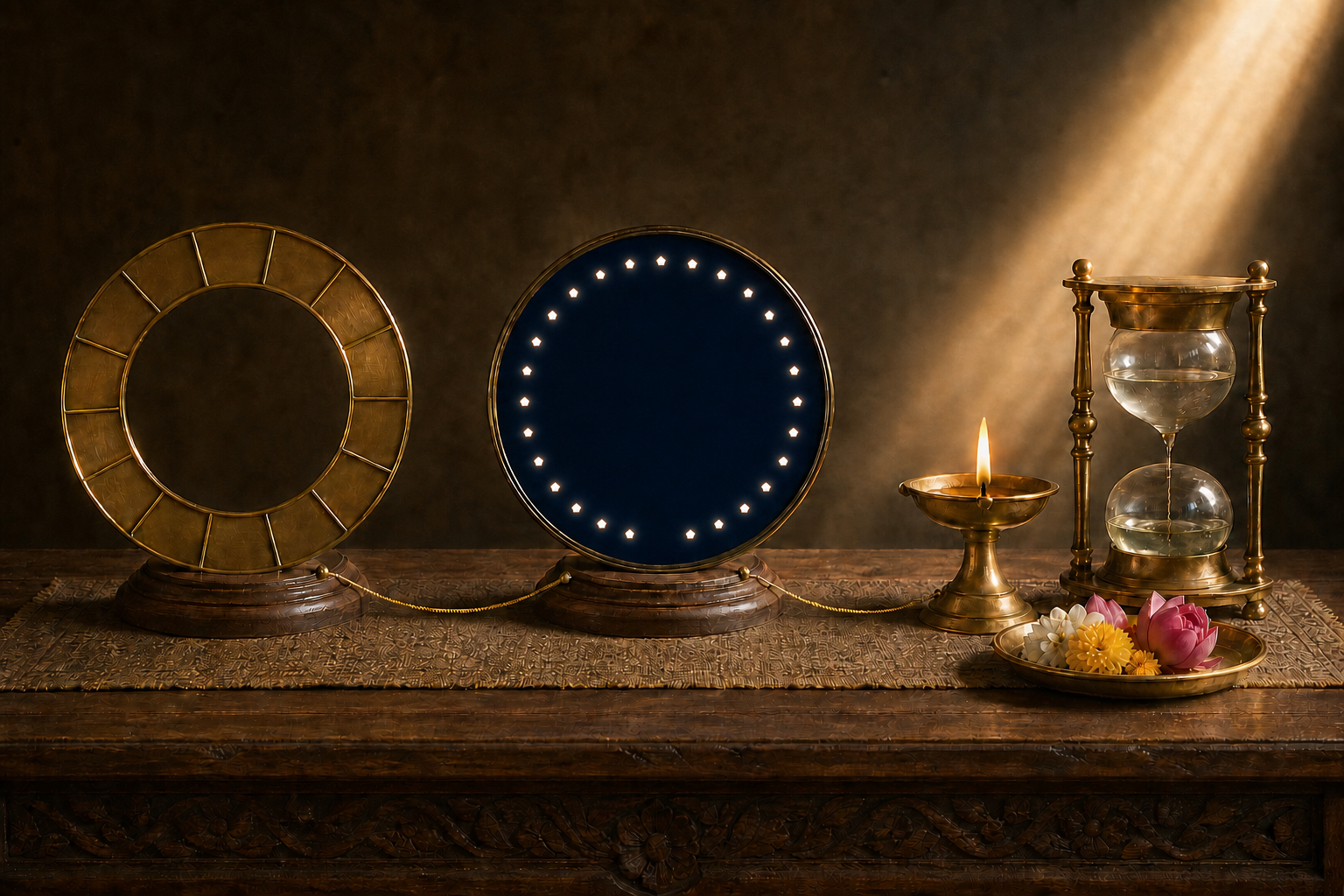 A twelve-part brass ring, a circular field of stars and a ceremonial timing arrangement appear side by side on a wooden table.
