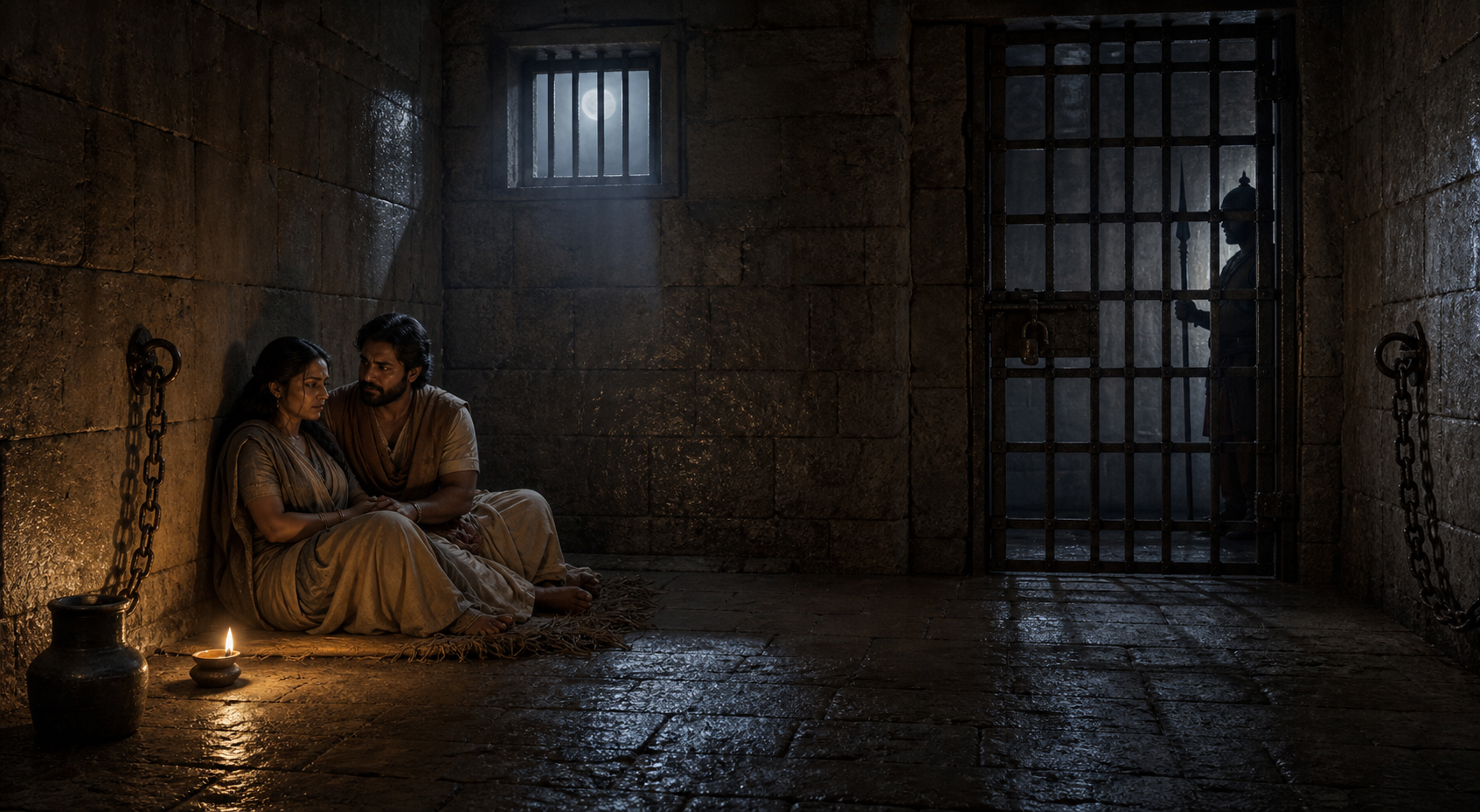 Devaki and Vasudeva sit together in a guarded stone prison cell with chains, a barred window, and a locked iron gate.