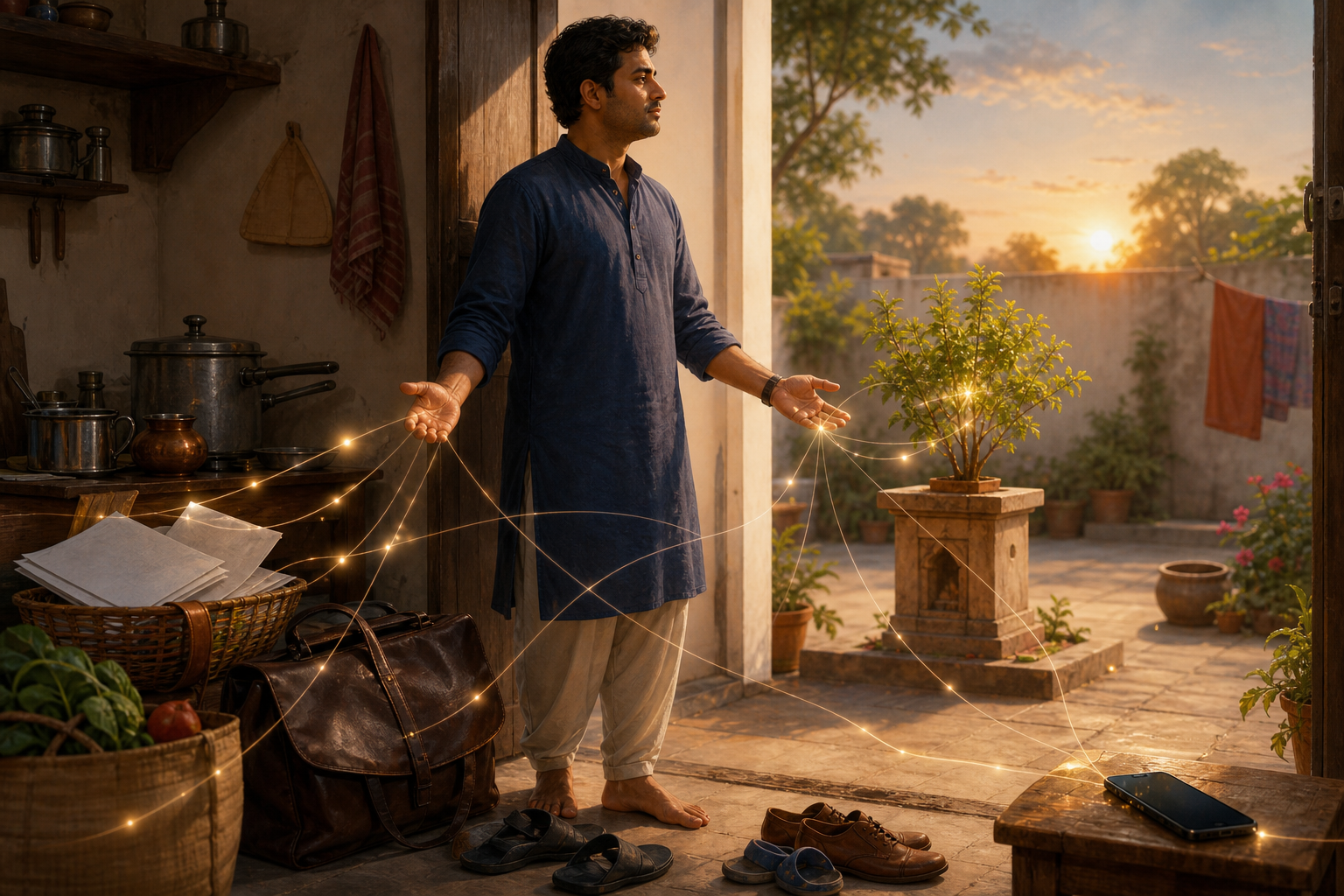 A householder stands in the doorway of an Indian home as translucent threads linking their hands to work and household objects dissolve in the dawn light.
