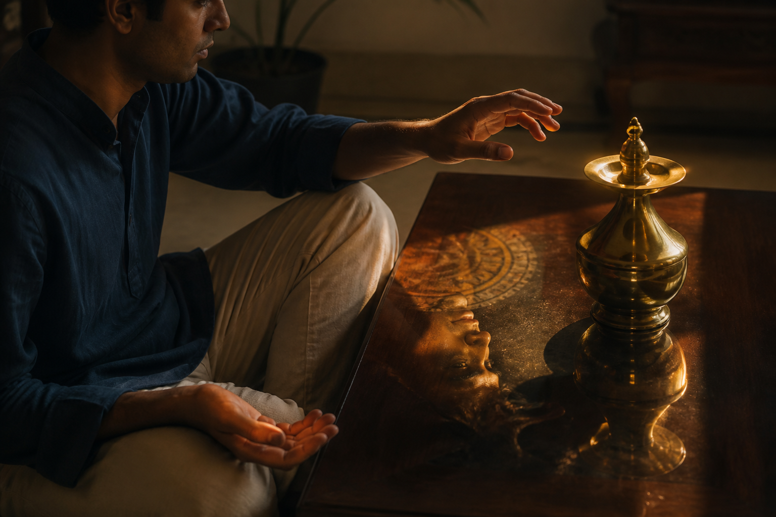 A seated person pauses with an open hand near a polished brass object while its reflection overlaps their shadow.