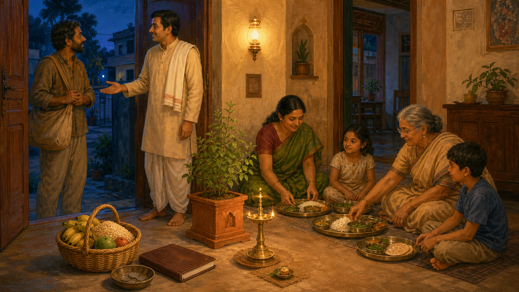 A multigenerational Indian family prepares a simple meal while an adult welcomes a visitor at the open doorway and a food offering rests beside an oil lamp.