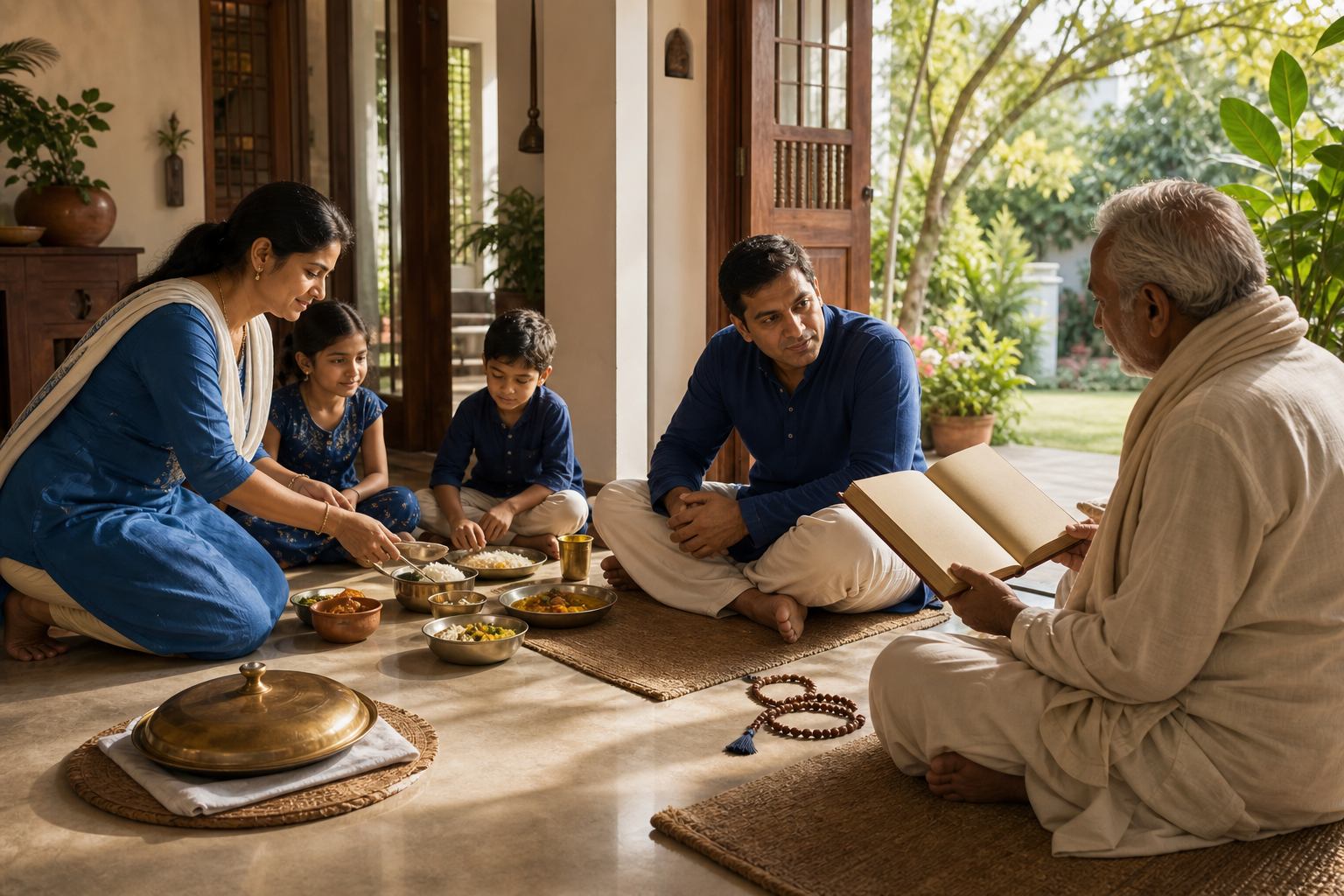 In a sunlit home, a person serves a family meal and then listens to an elder reading from an unmarked book beside prayer beads.