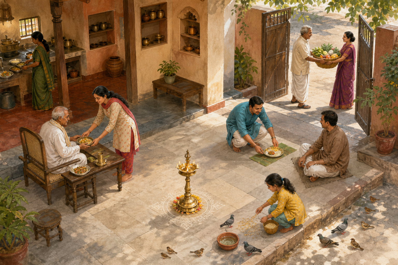An overhead view of an Indian courtyard home where family members serve an elder and a guest, feed birds, and share a basket of produce with a neighbor.