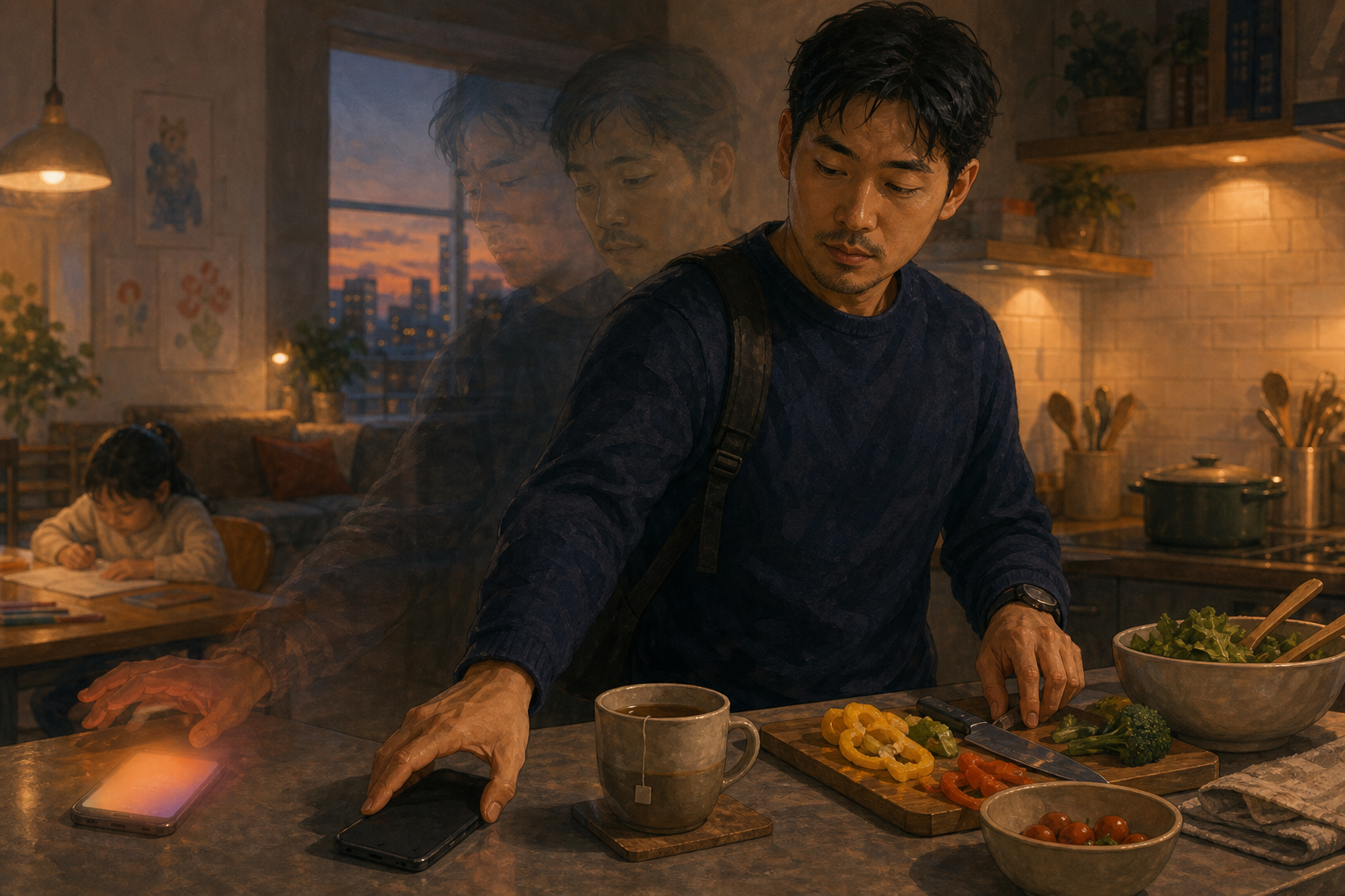 A person at a kitchen counter turns a glowing phone face down and returns to preparing food, with faint motion traces showing the interrupted reach.