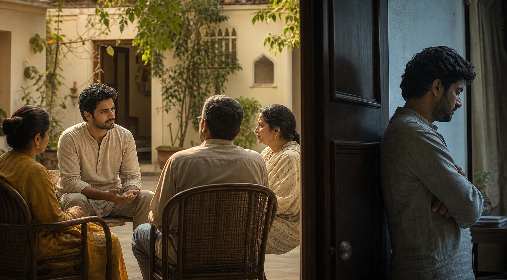 One person listens calmly to family members in a courtyard while, in a cooler shadowed area, another figure withdraws behind a partly closed door.