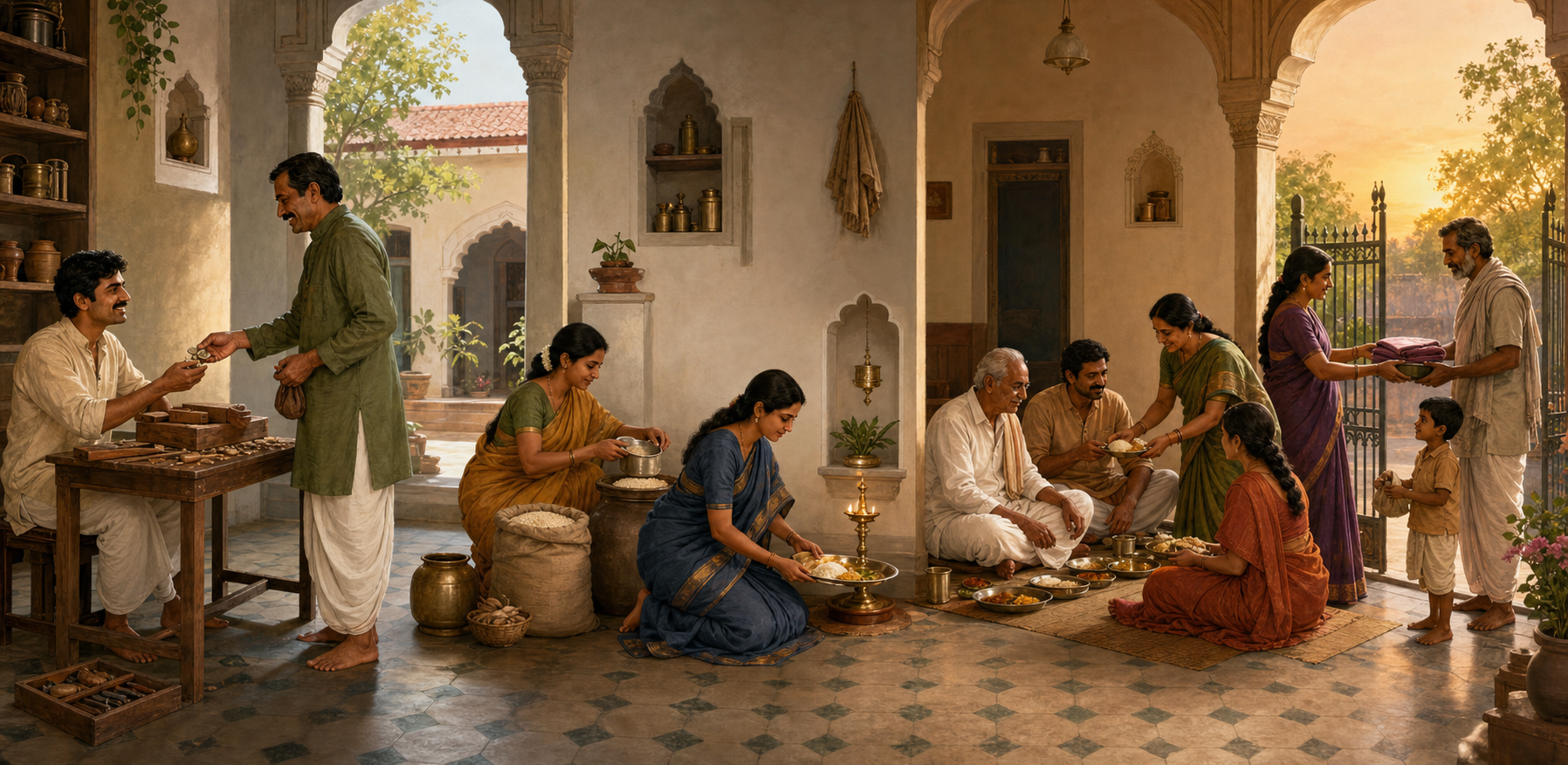 Five connected household scenes show honest work, modest storage, a food offering by a lamp, care for an elder and guest, and the sharing of surplus goods.