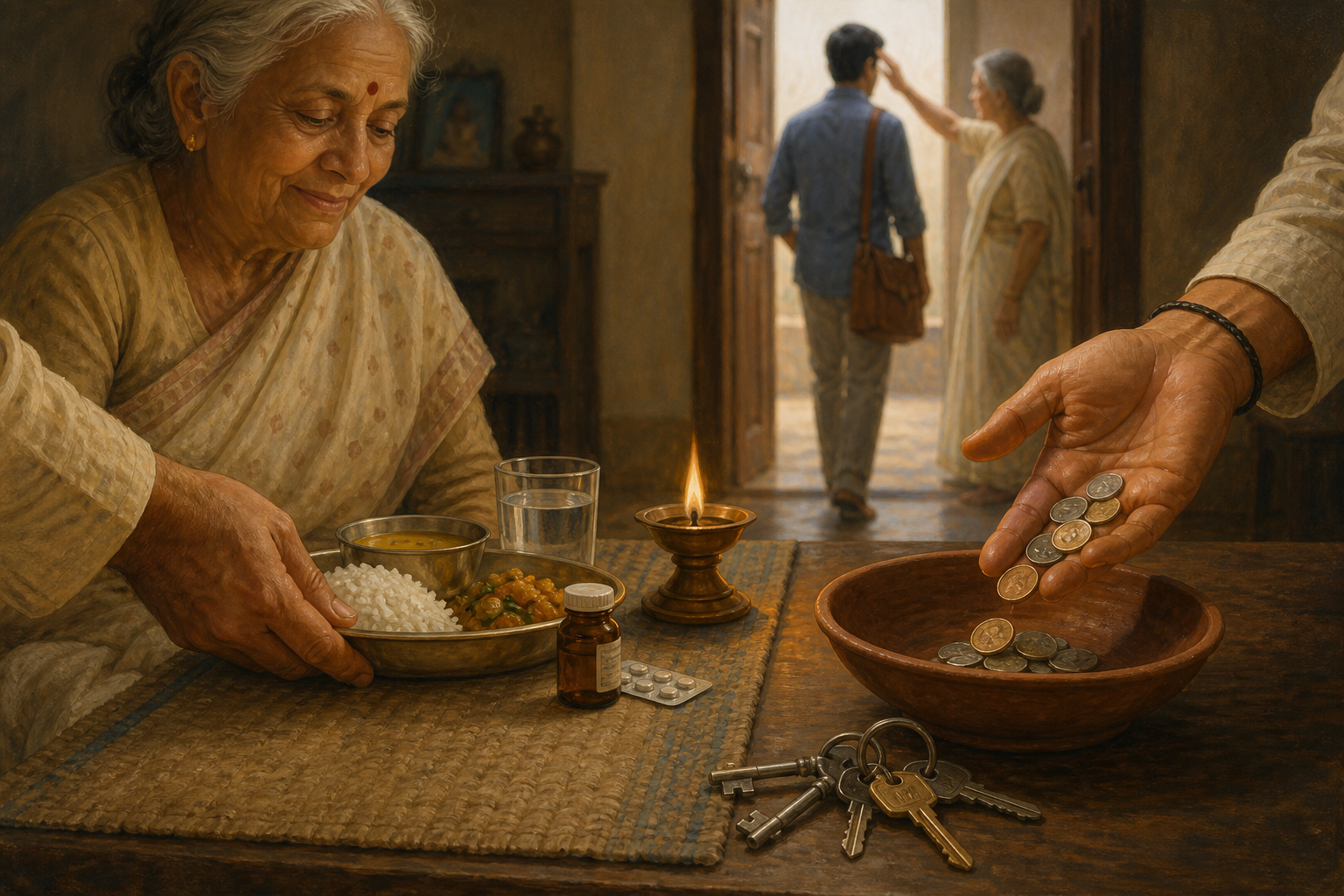 A householder serves food and medicine to an elderly relative while placing surplus coins in a clay bowl as a younger family member leaves through an open doorway.