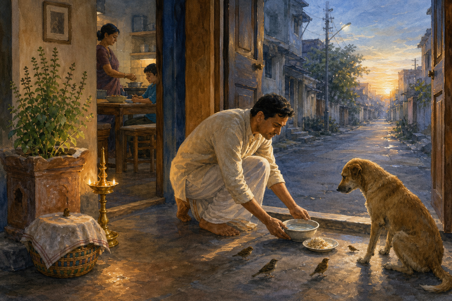 At sunrise, a householder places food and water outside an open doorway for a street dog and birds while the family begins the day indoors.