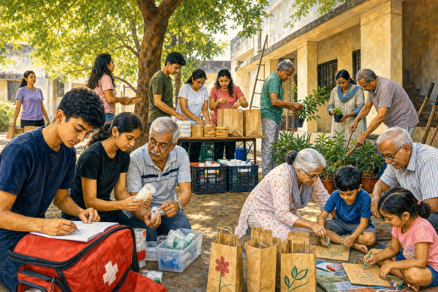 Teenagers, adults, children, and elders work together on first-aid, food distribution, and planting preparations in a courtyard.
