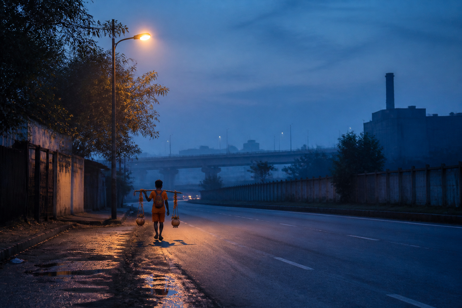 An unidentified young Kanwar pilgrim seen from behind carrying a bamboo yoke along a quiet Delhi road at dawn.