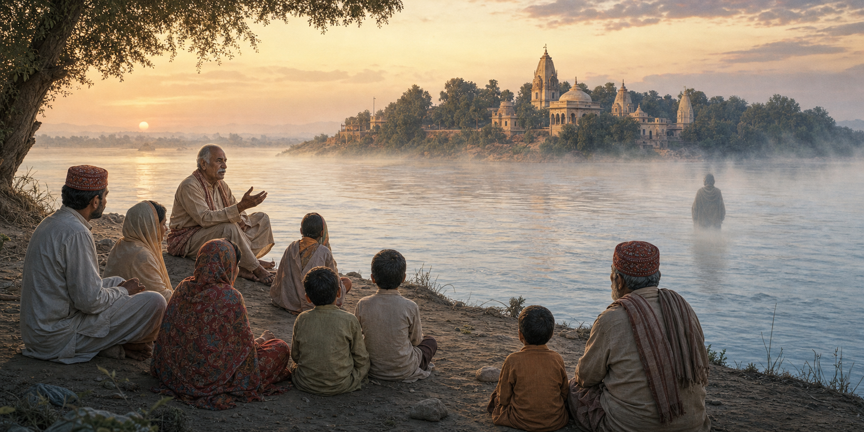 A multigenerational Sindhi family listens to an elderly storyteller beside the Indus River, with a temple island and a faint robed figure visible through the morning mist.