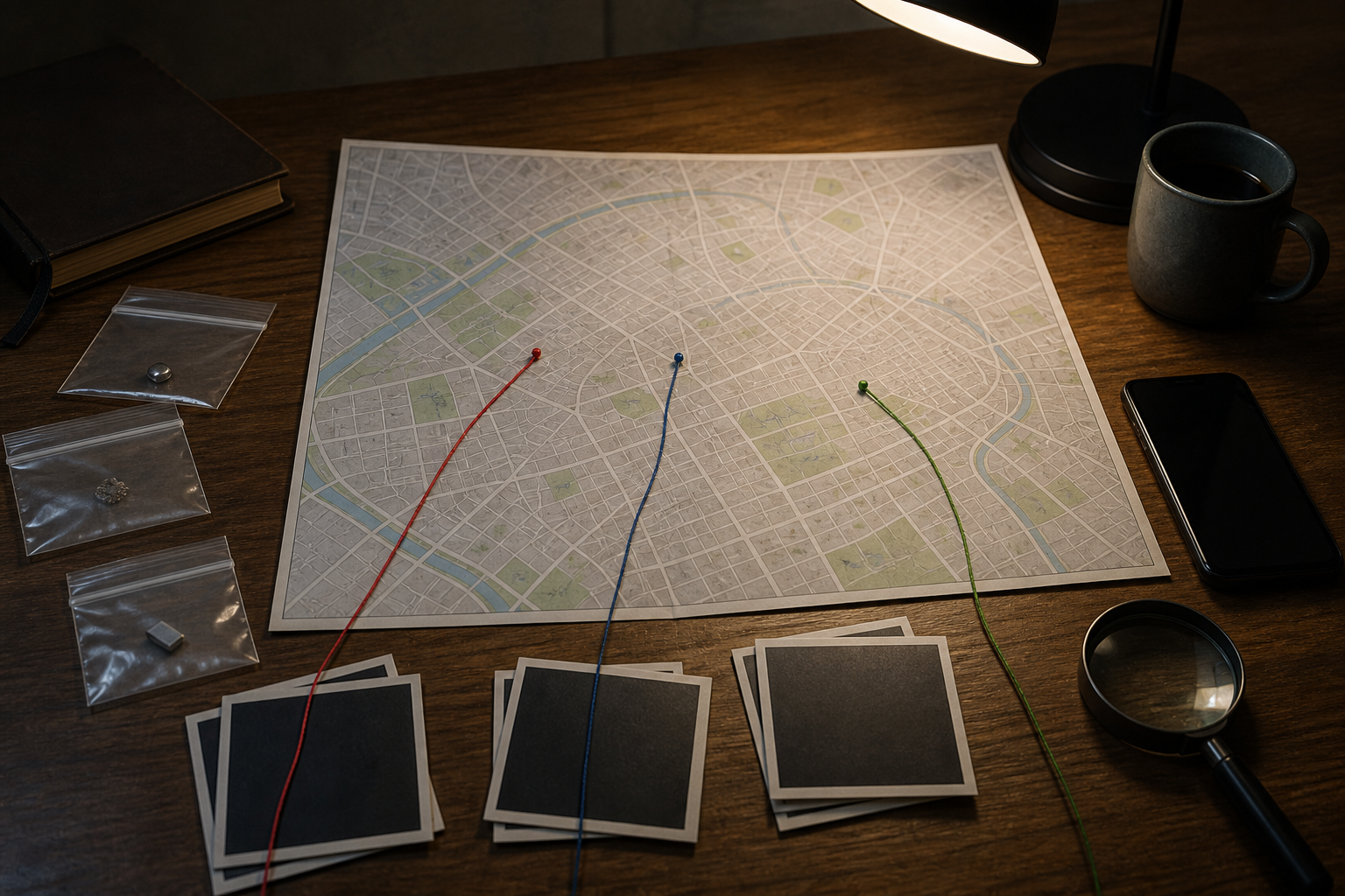 A desk lamp illuminates an unlabeled map, face-down photographs, a phone, a magnifying glass, and sealed evidence sleeves on an investigation table.