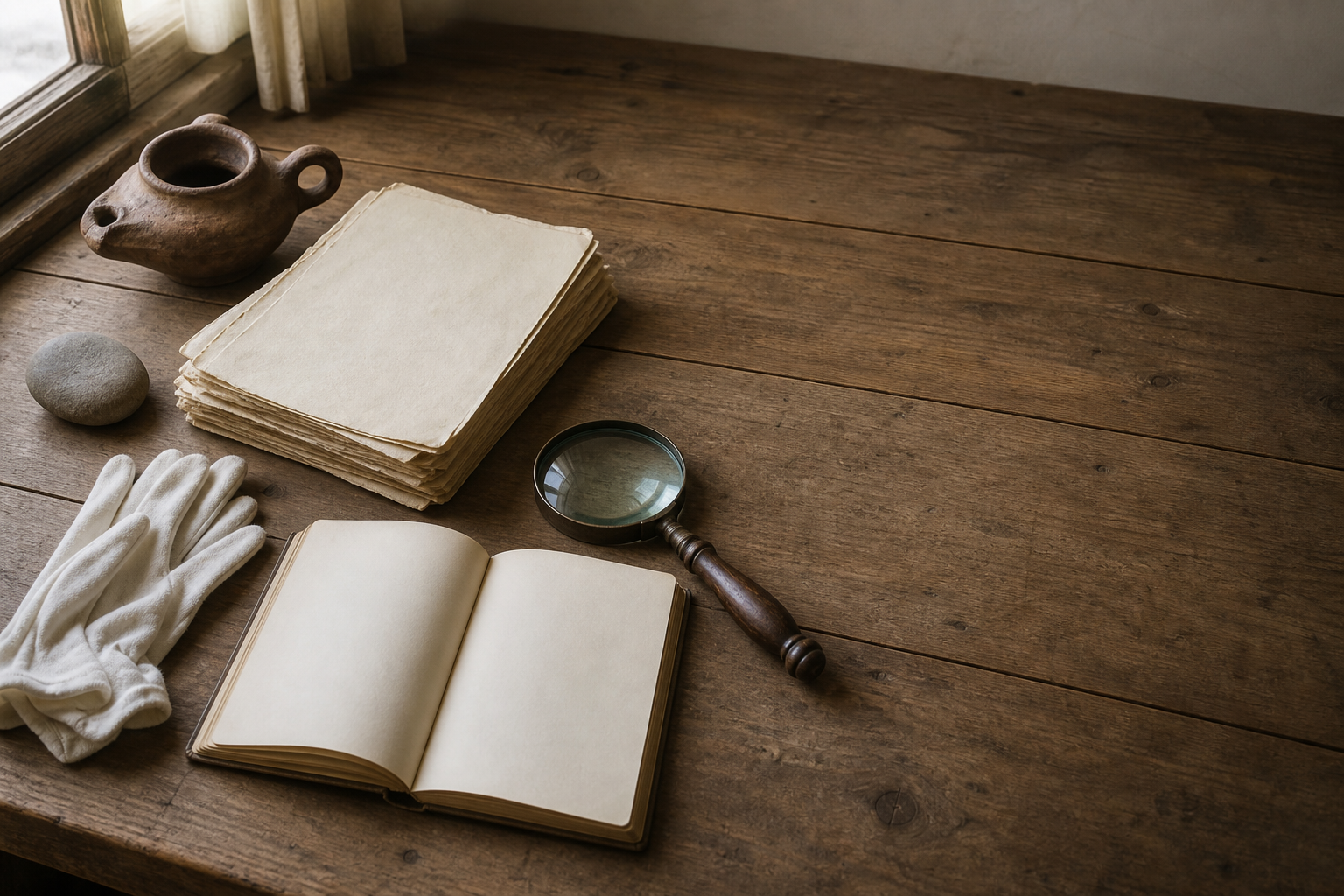 A sparse research table holds aged blank papers, an empty notebook, a magnifying glass, archival gloves, a clay lamp, and a river stone.