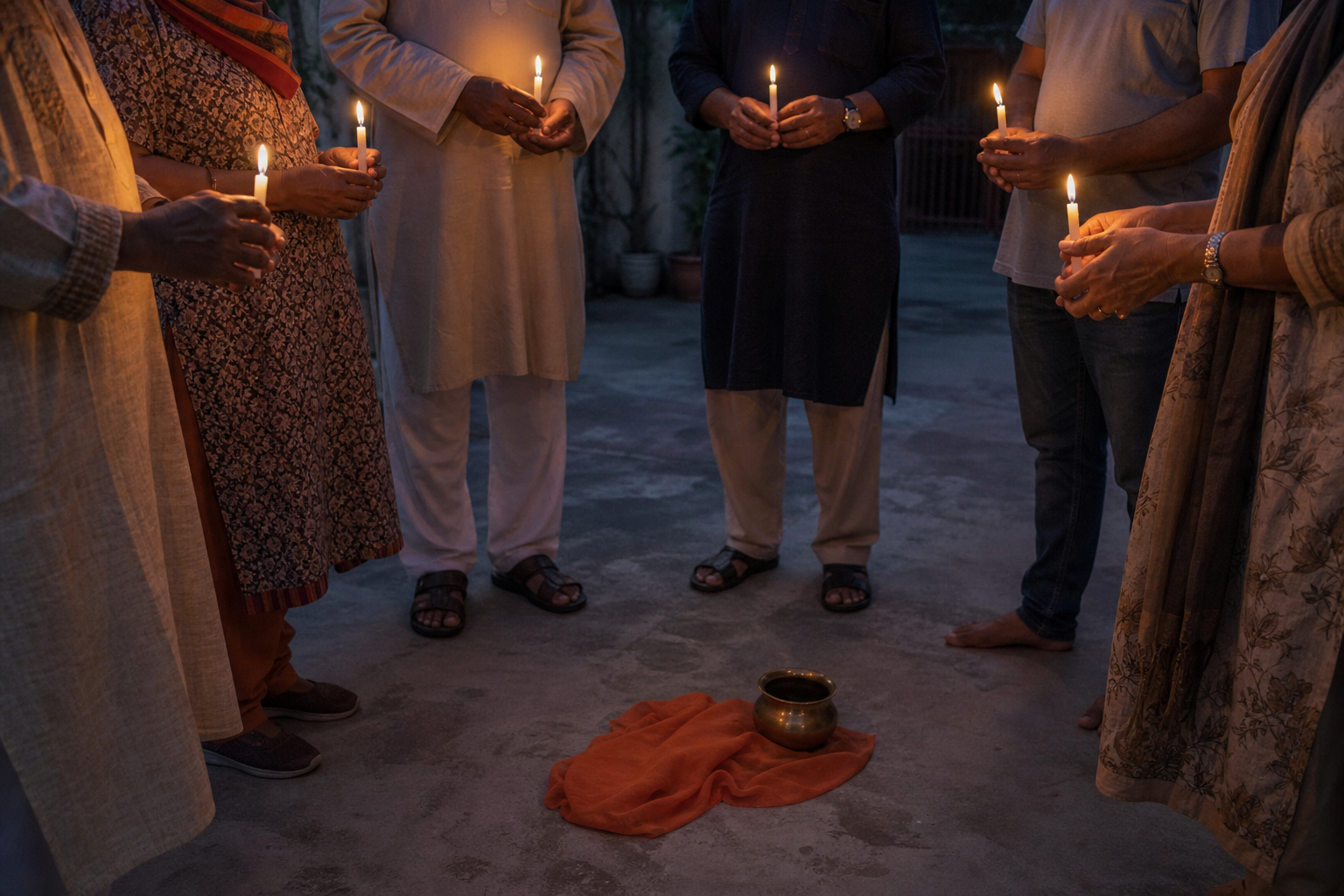 Unidentified community members hold candles around a saffron cloth and a brass water vessel during a peaceful evening vigil.