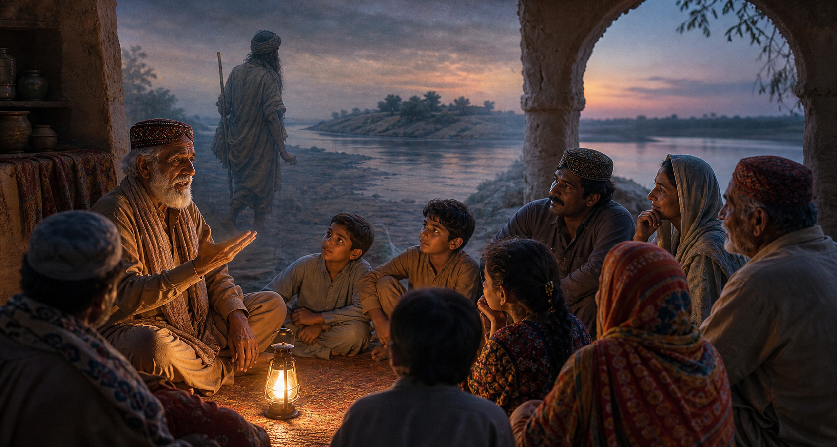 Adults and children listen to an elderly storyteller in a Sindhi courtyard while a faint image of a wandering ascetic and river island suggests remembered folklore.