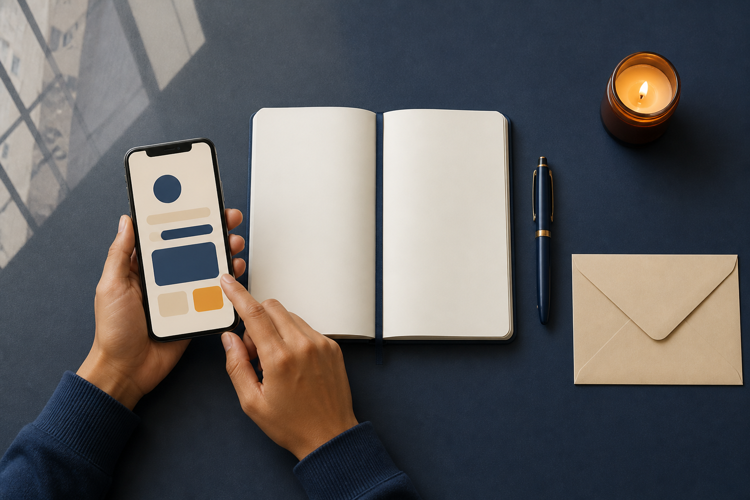 Hands use a smartphone beside a blank notebook, pen, candle, and plain envelope on a tidy desk.