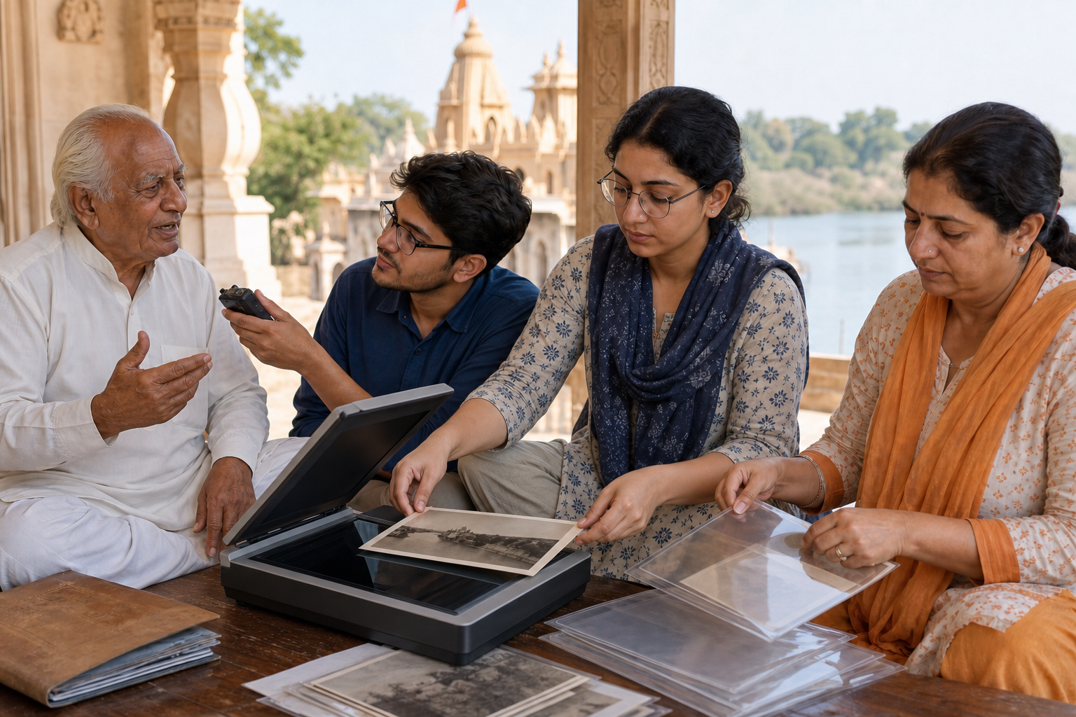 Community members record an elder's oral history, scan an old photograph, and place heritage materials into archival sleeves beside the river.