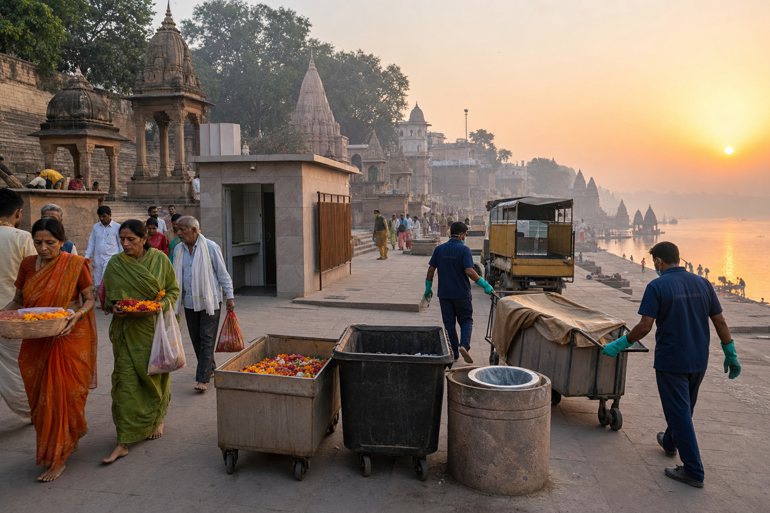 Pilgrims and sanitation workers share a clean riverside sacred-site route with waste containers, covered collection carts and toilet facilities at dawn.