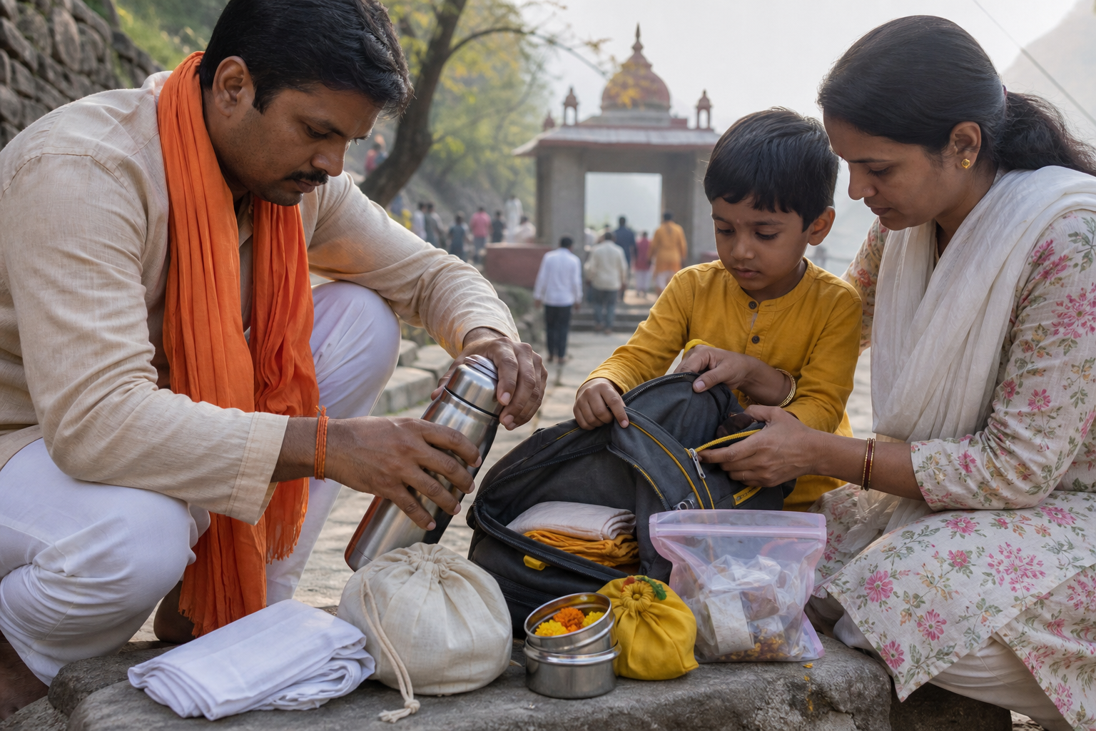A family packs reusable containers, a water bottle and a sealable waste bag before beginning a pilgrimage walk.