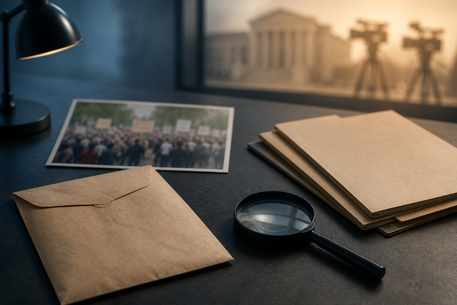 A magnifying glass, sealed examination envelope, unmarked evidence folders, and a protest photograph arranged separately on an investigator's desk.