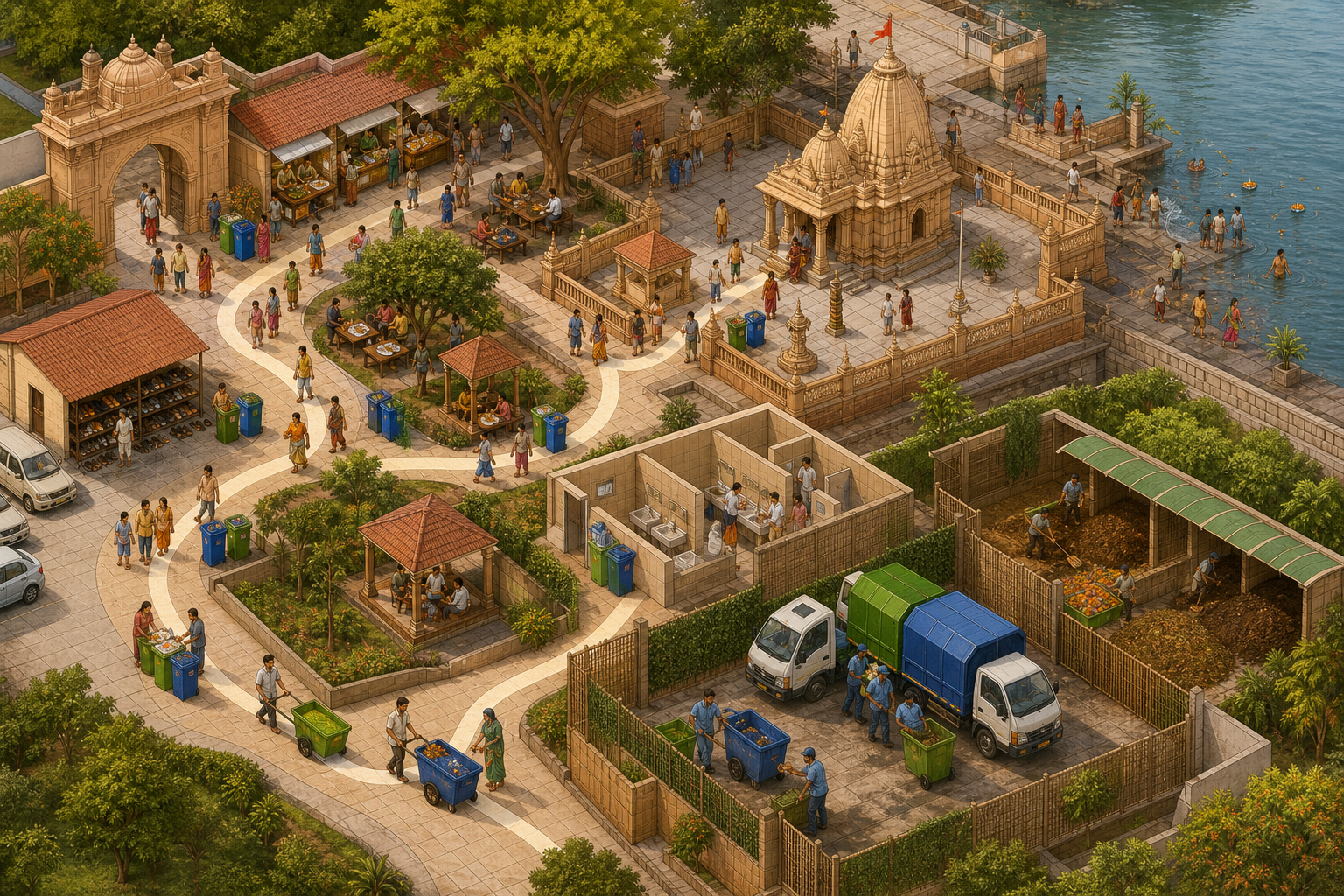 An illustrated pilgrimage complex shows waste moving from route-side containers to covered carts, vehicles and a composting area.
