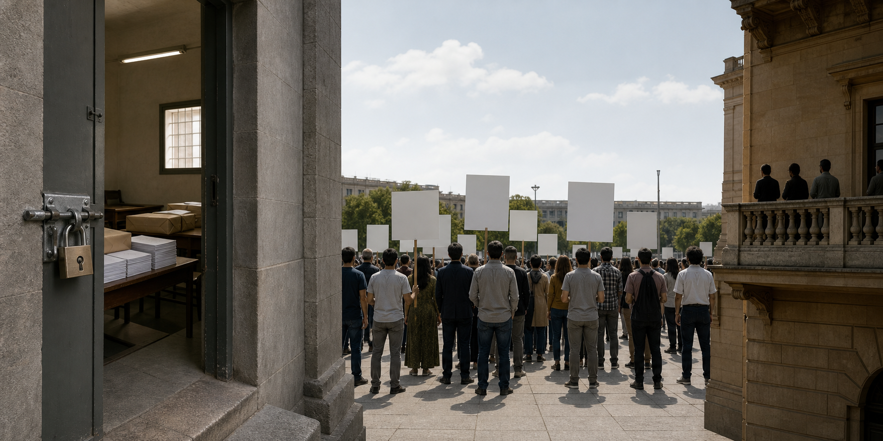 A sealed examination room, a crowd with blank placards, and distant observers shown as three visually separated scenes.