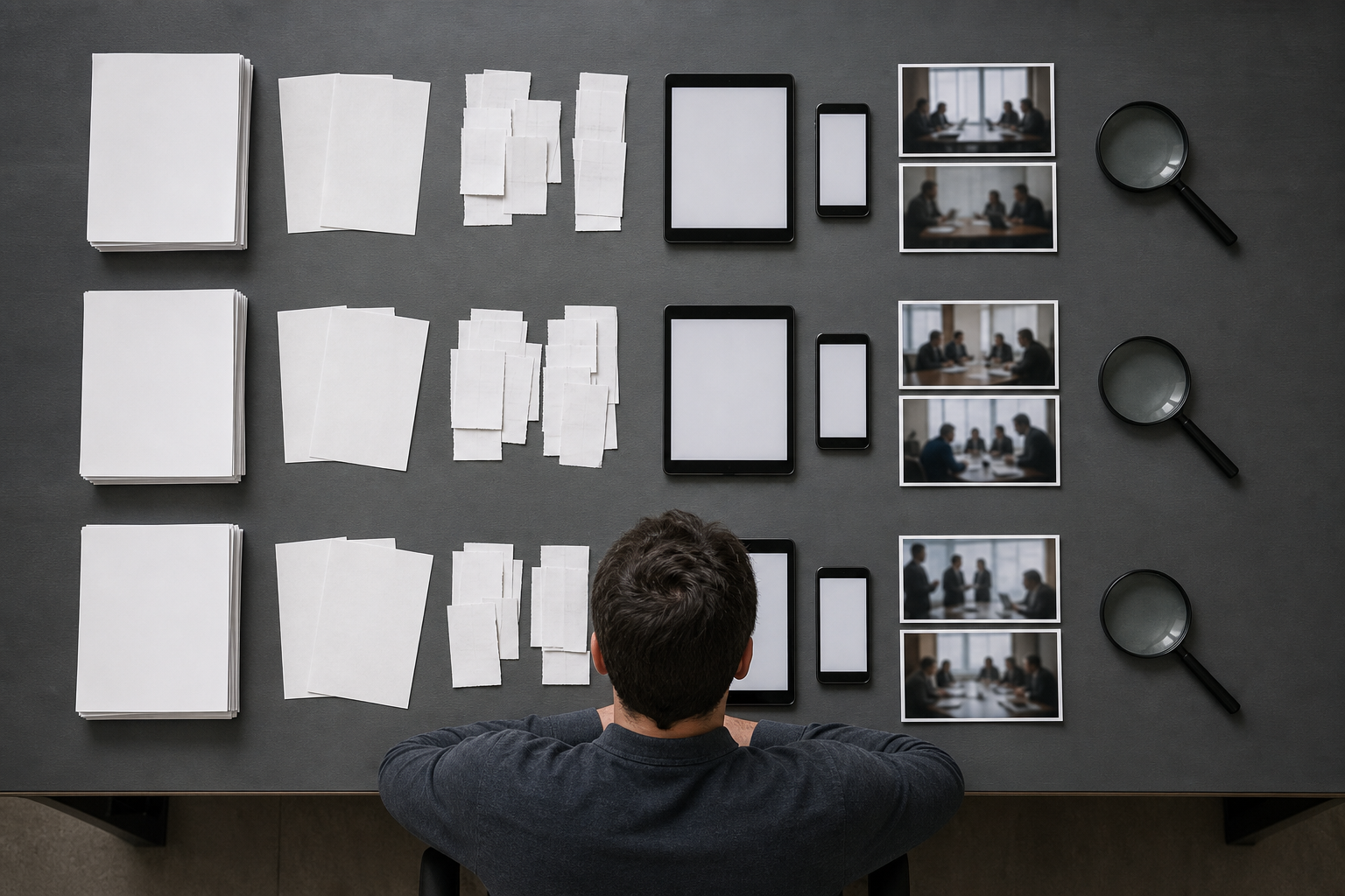 A researcher examines three separate rows of documents, devices, and meeting photographs with individual magnifying lenses.
