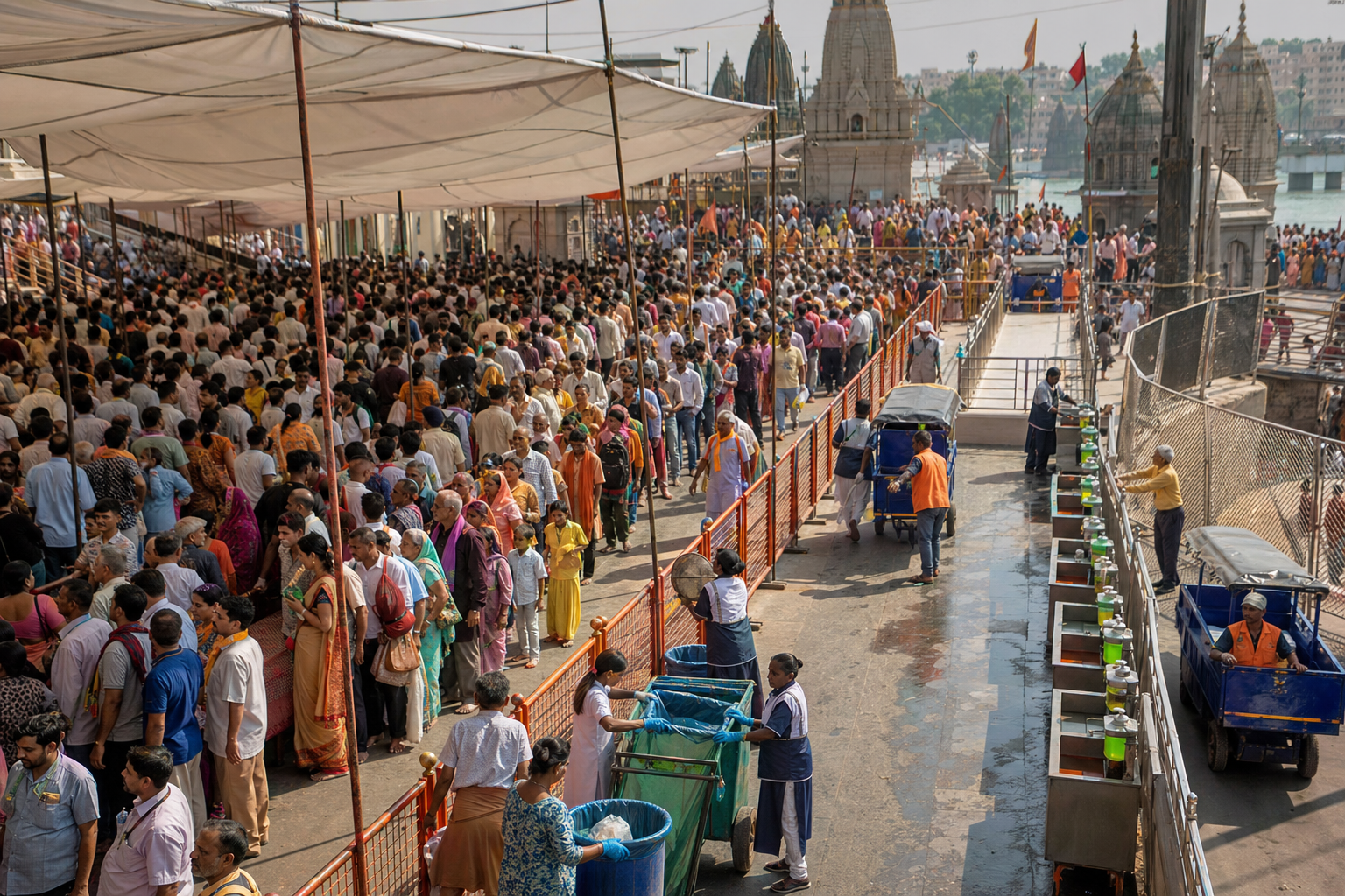 A crowded pilgrimage route remains orderly as attendants manage toilets, handwashing points, waste containers and covered collection carts.