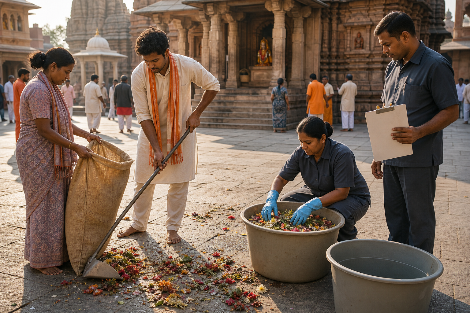 Pilgrim volunteers and sanitation workers clean a temple courtyard and separate flower offerings while a supervisor checks supplies.
