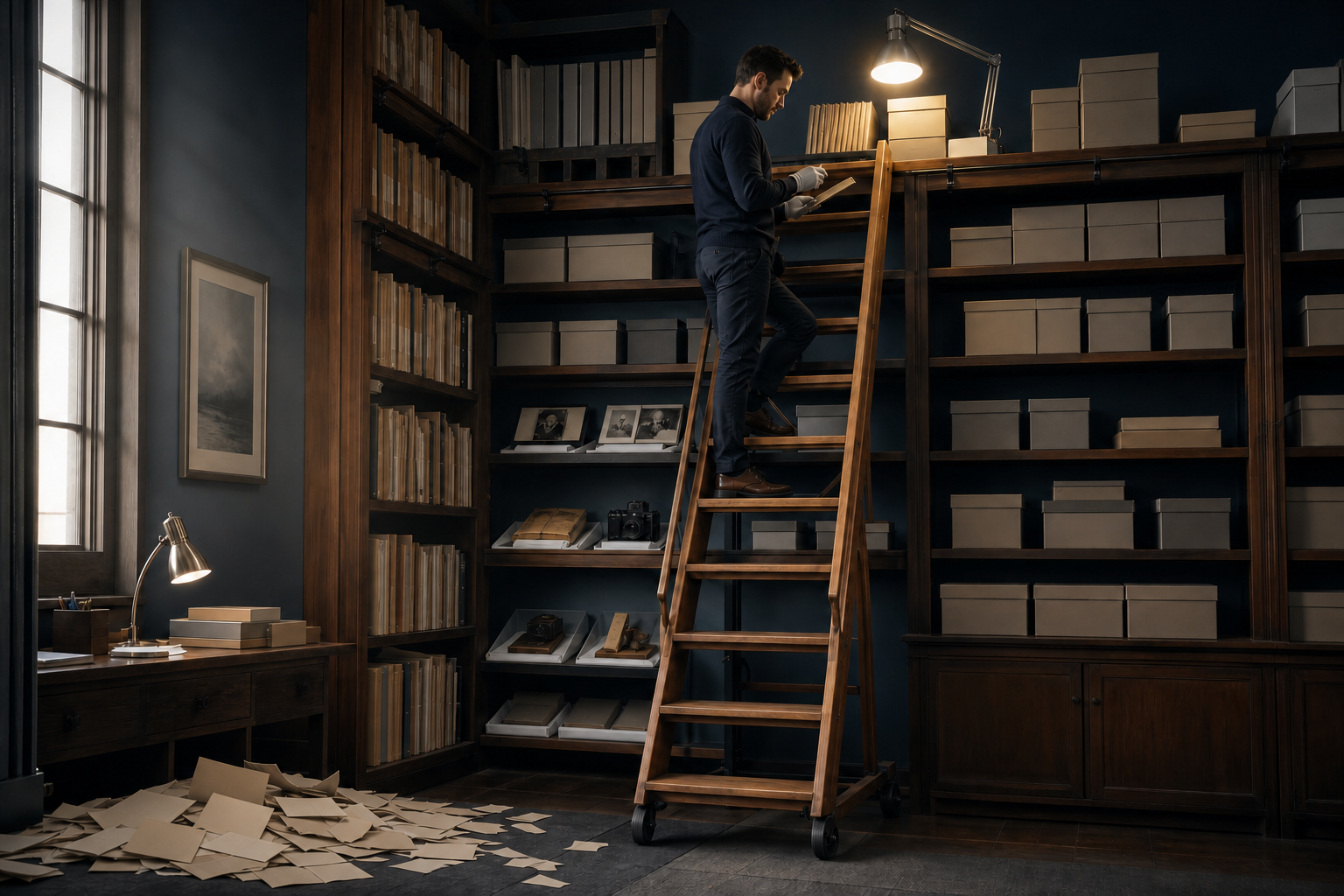 An analyst checks evidence on a ladder that rises from scattered papers to organized folders and archival boxes.