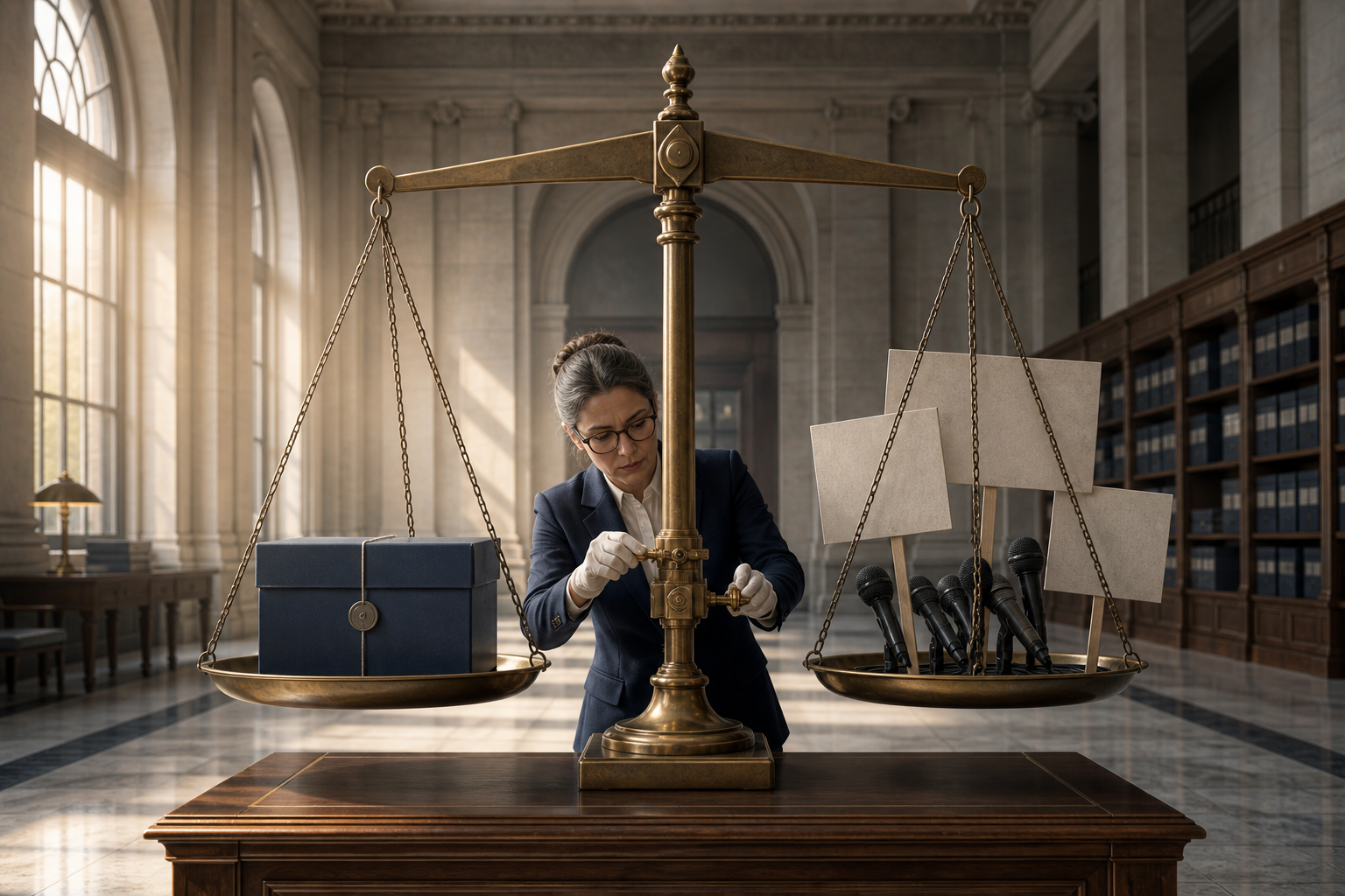 An examiner adjusts a large balance holding a sealed evidence box opposite microphones and blank protest placards in a civic archive.