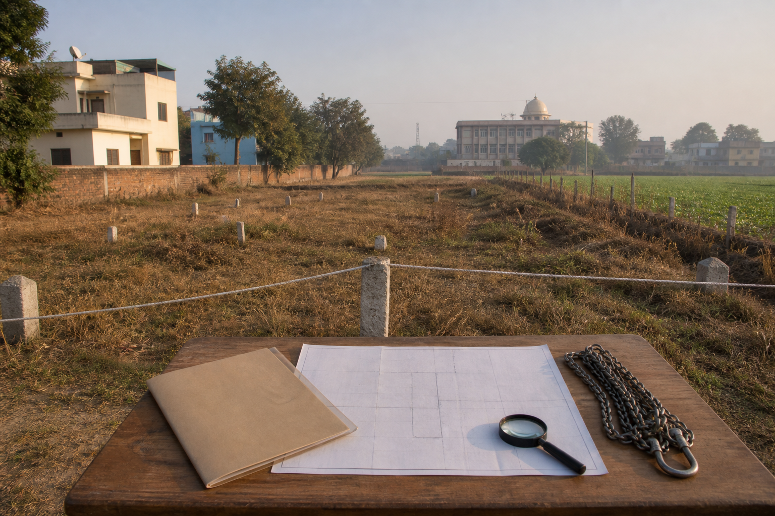 A semi-urban land parcel with survey stones, boundary cord, measuring tools, an unmarked folder, and a parcel sheet on a field table.