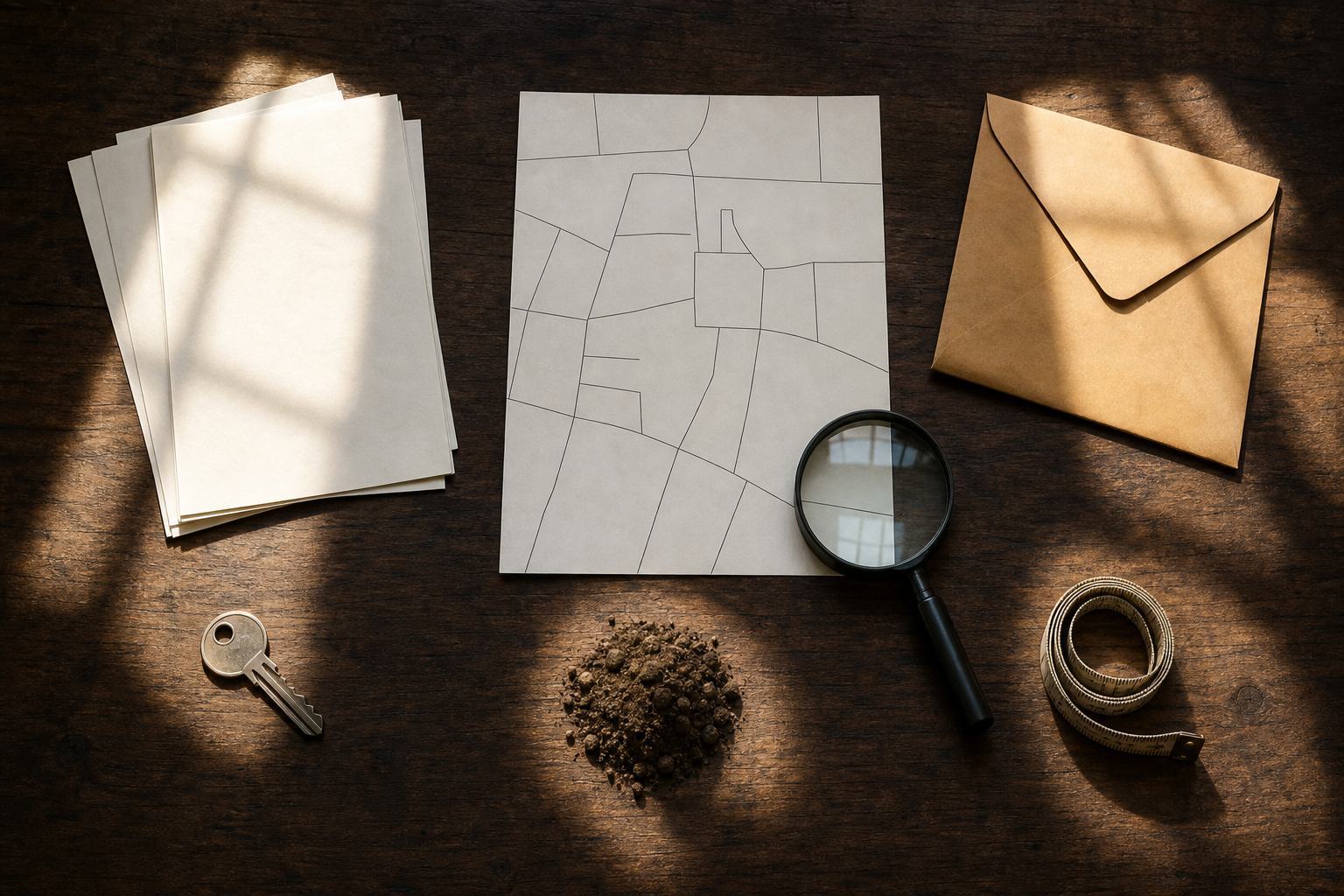 Land records, a parcel map, measuring tools, a key, a soil sample, and a magnifying glass arranged as five evidence groups on a desk.