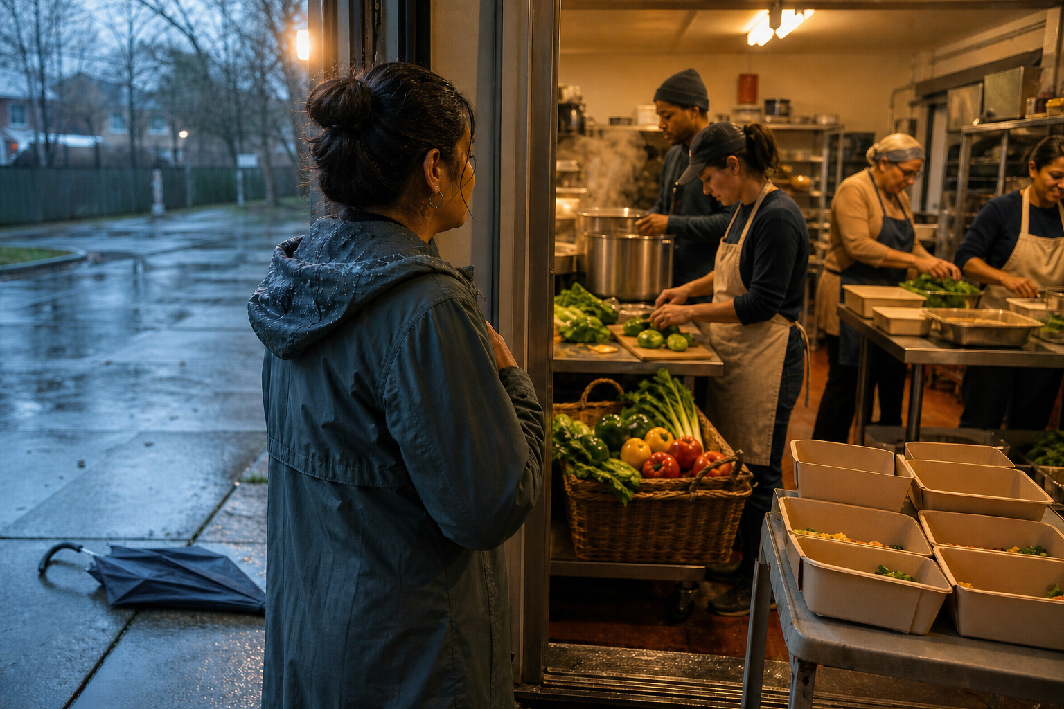 An adult pauses at the doorway of a community kitchen where several people prepare vegetables and pack meals together.