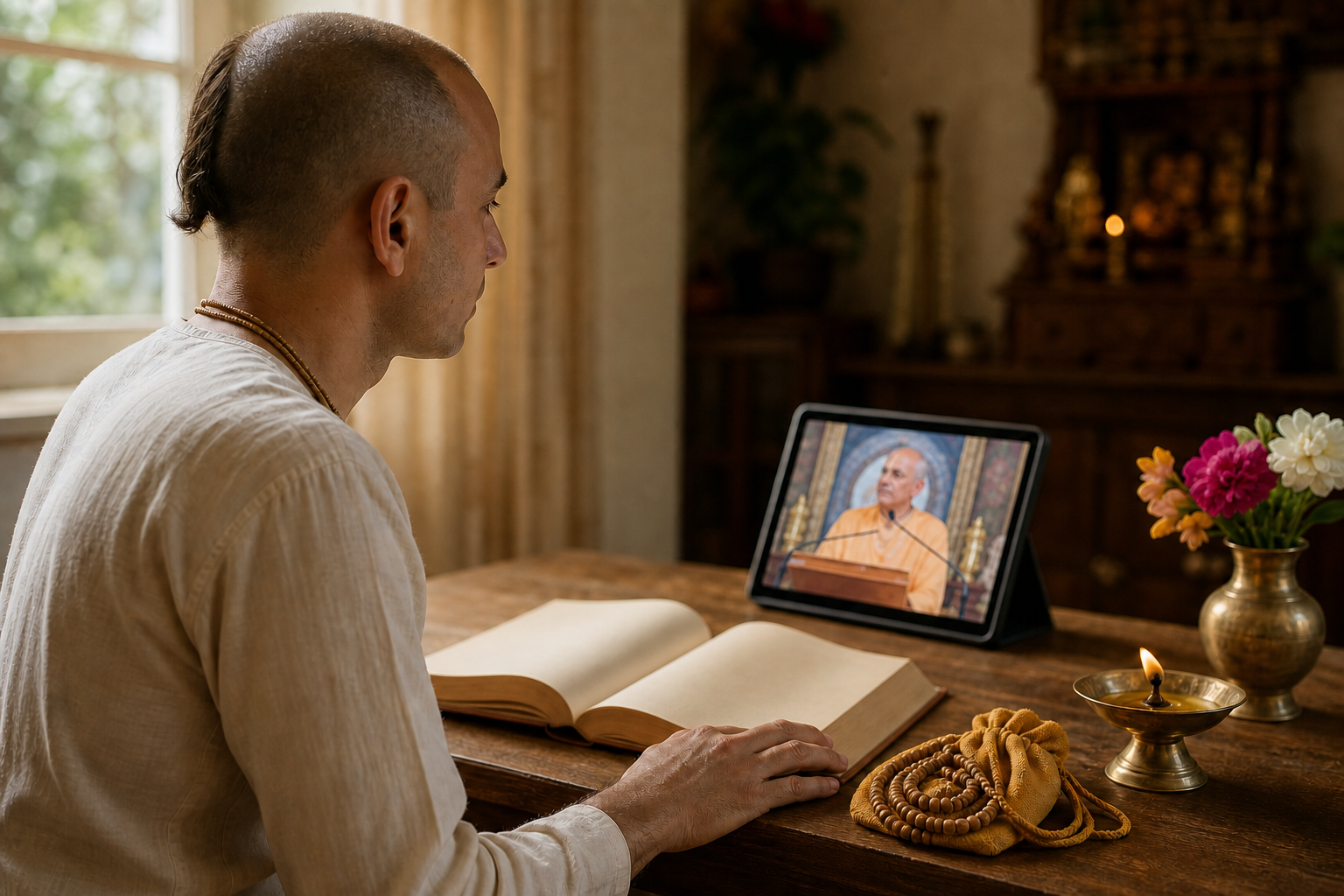 A Vaishnava practitioner listens to a devotional talk on a tablet while sitting beside an open scripture and a bead bag at a wooden desk.