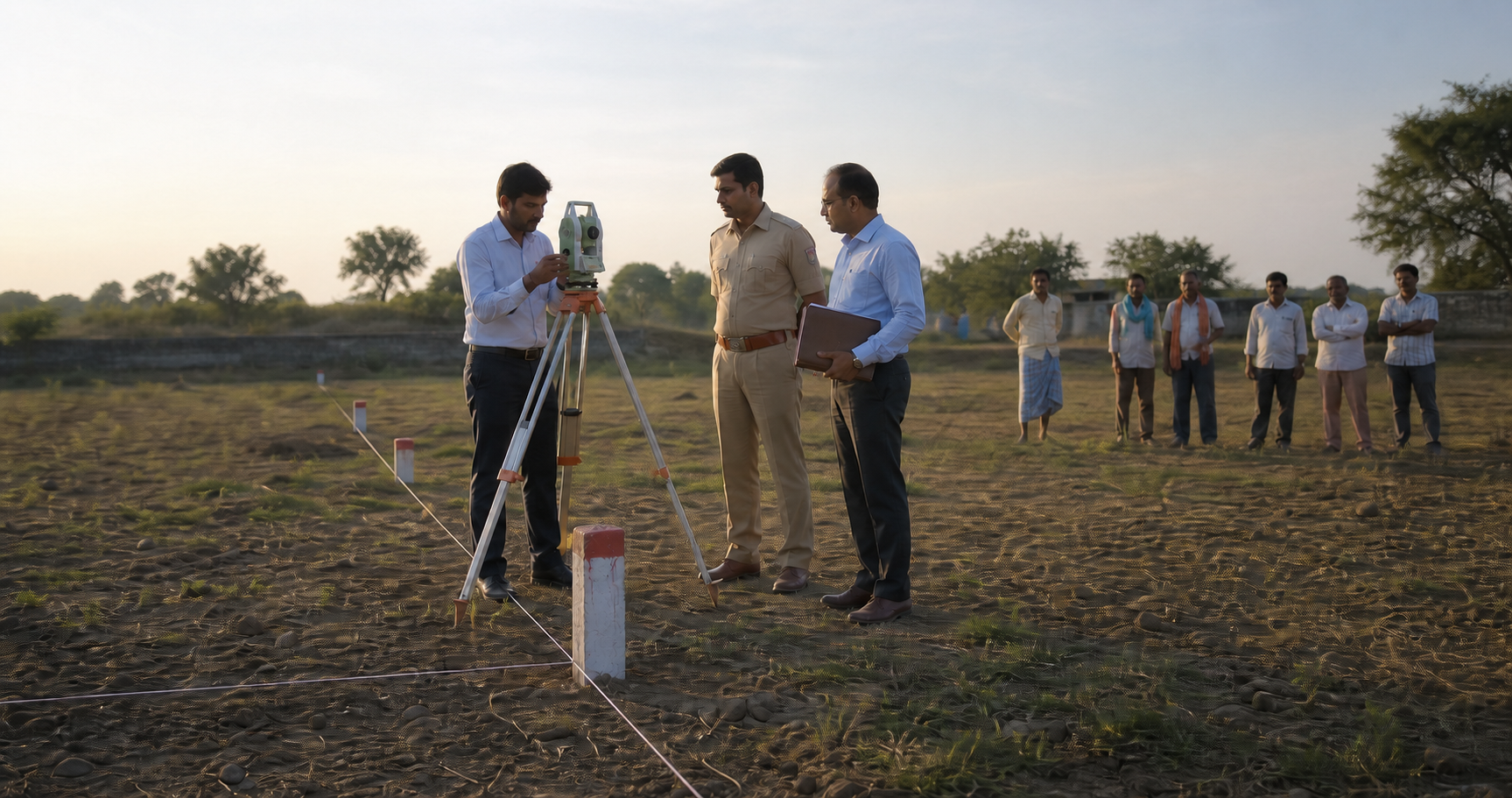 A revenue surveyor, police officer, and civil official jointly inspect survey stakes at a land parcel while residents watch from a distance.