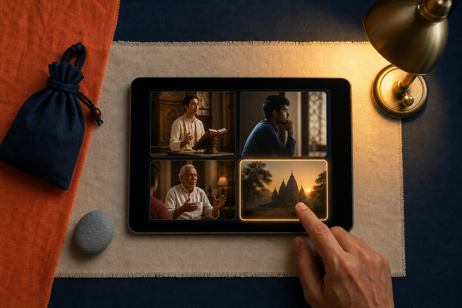 A hand chooses one pictorial talk thumbnail on a tablet beside a bead bag and a smooth stone on a neatly arranged desk.