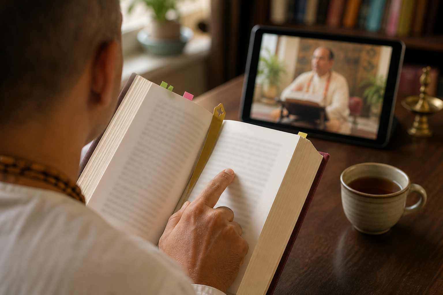 A listener holds a place in an open scripture while a devotional teacher appears on a tablet in the background.
