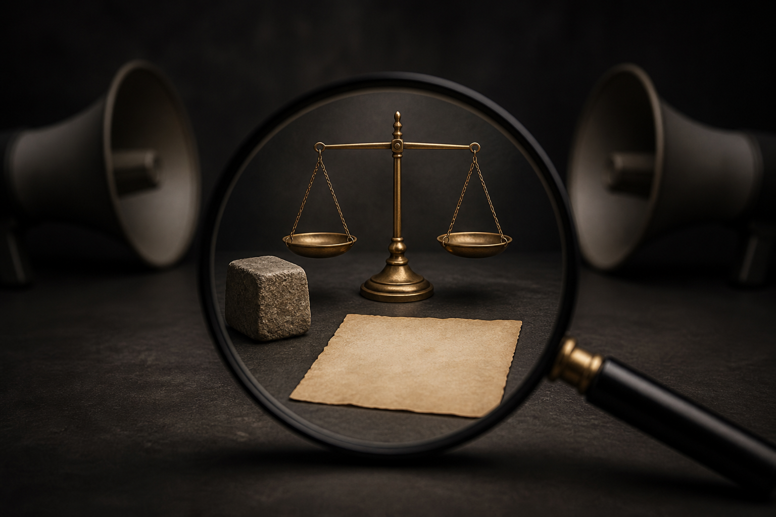 A magnifying glass, land record, survey stone, and balanced scale remain in focus between two blurred megaphones.