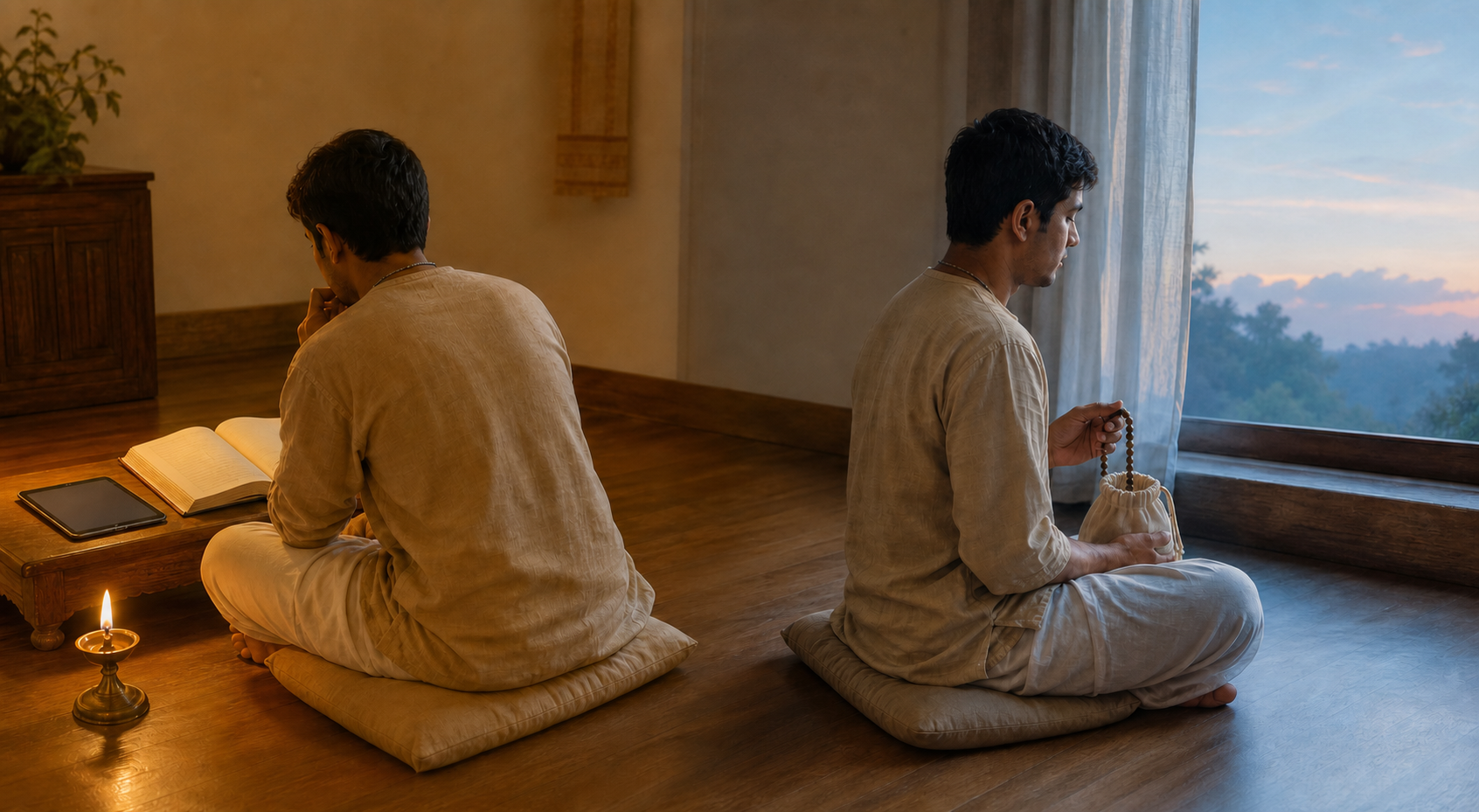 A Vaishnava practitioner moves from listening beside an open book to chanting with prayer beads near a window.